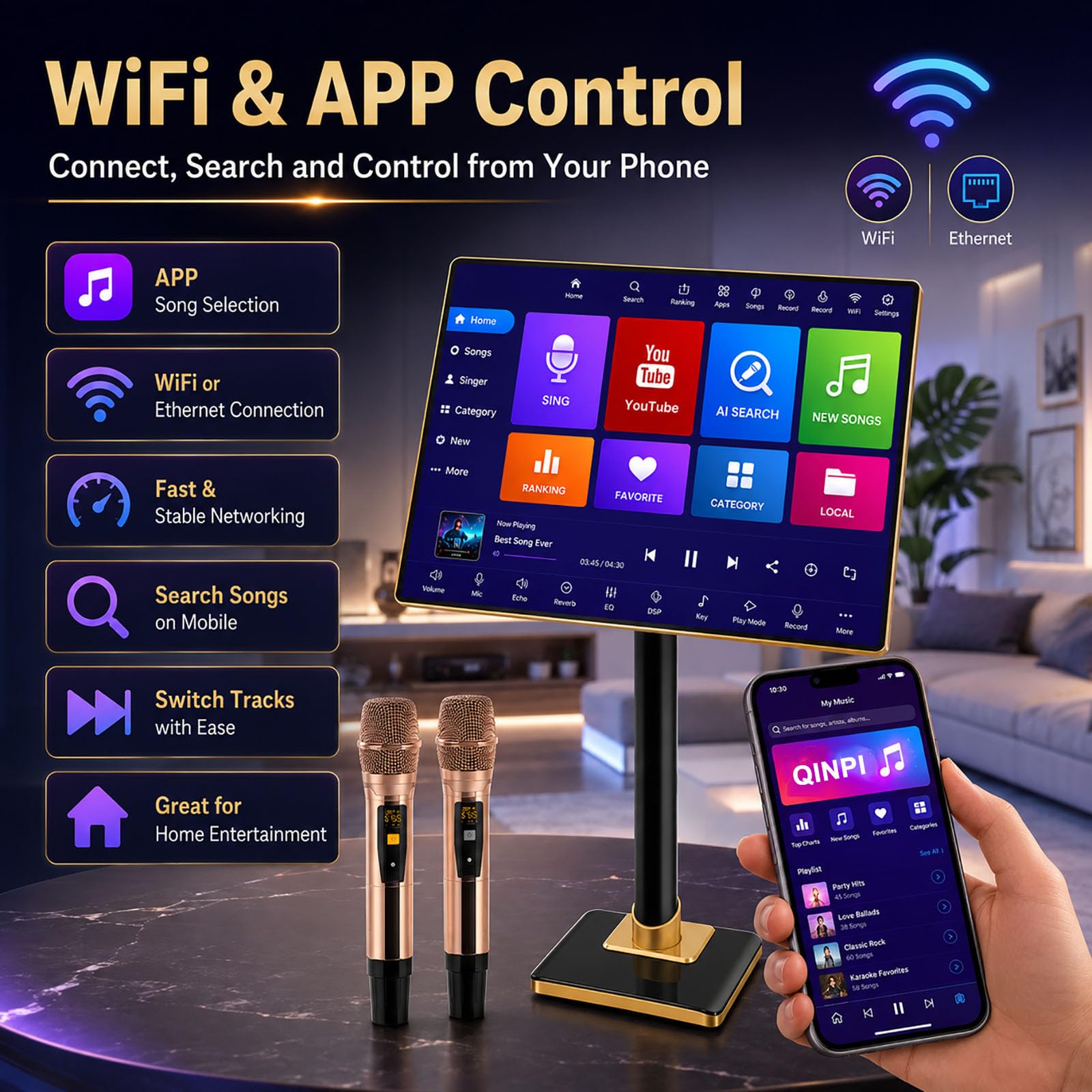 Sistema Karaoke all-in-One da 21,5 Pollici con 2 Microfoni Wireless, Doppio Sistema Android, WiFi, Elaborazione Audio Dsp, Controllo Vocale E App per Casa E Uso 8TB