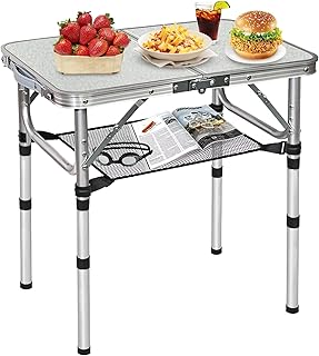 Small Folding Table,3 Adjustable Height Foldable Table,2Ft Portable Camping Table,Outdoor Folding Table with Net Mesh，Folding Beach Table,White Metal Folding Table for Patio BBQ