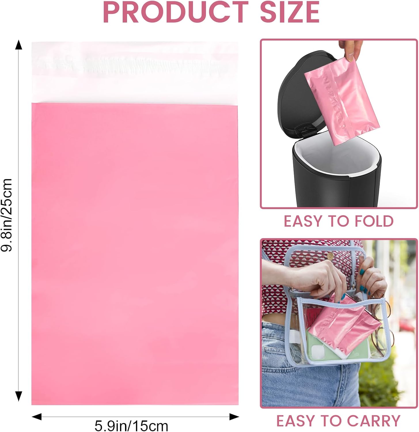 Disposable Sanitary Bags, 100 Pcs, Pink, Self-sealing, Odor-proof, Rectangular, Plastic, 10" x 6" Bags for Feminine Hygiene, Personal Waste, or Pet Waste
