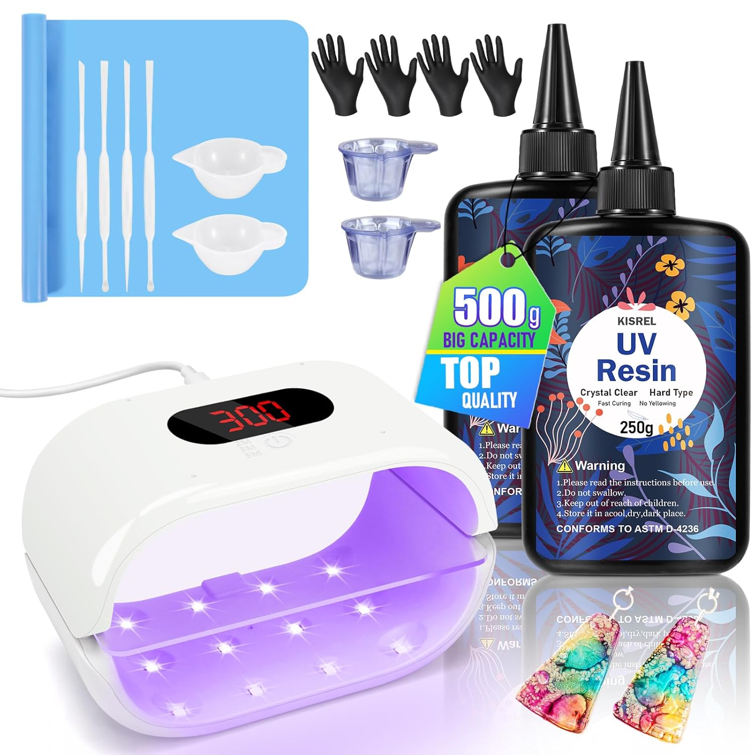 KISREL 500g UV Resin with Large Double-Sided Light, 24 Lamp Beads UV Resin Kit, Hard Type Crystal Clear Resin for Craft Jewelry Making