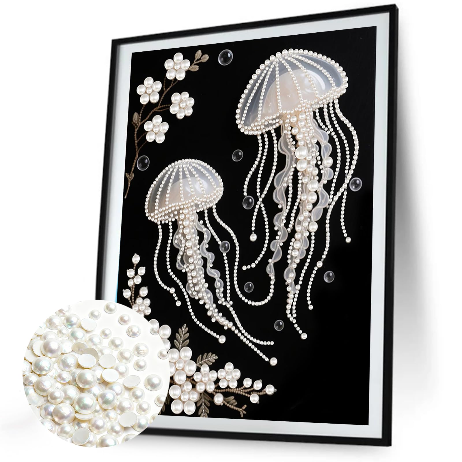 DIY Pearl Painting Kit with Wooden Frame, 3D Plastic Pearl Gemstone Ocean Art Craft for Adults Beginners, Diamond Art Kits for Adults, Home Wall Decor Ready Gift for Women(Jellyfish)(30 * 40cm)
