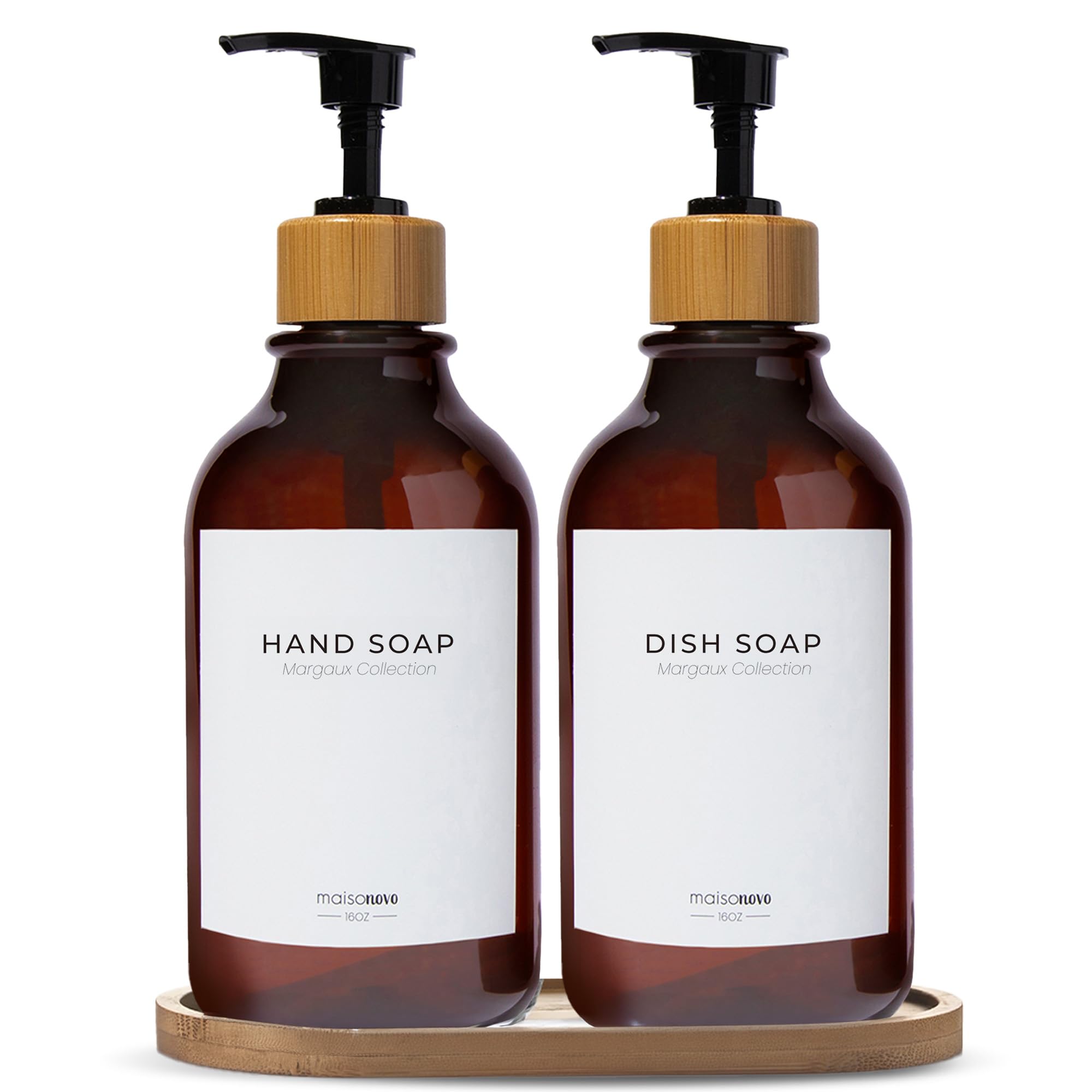 MaisoNovo Dish Soap Dispenser for Kitchen Sink w. Bamboo Pump and Soap Tray | Bathroom Soap Dispenser Set w. Dish Soap, Hand Soap, Lotion Waterproof Labels | Plastic Amber Set