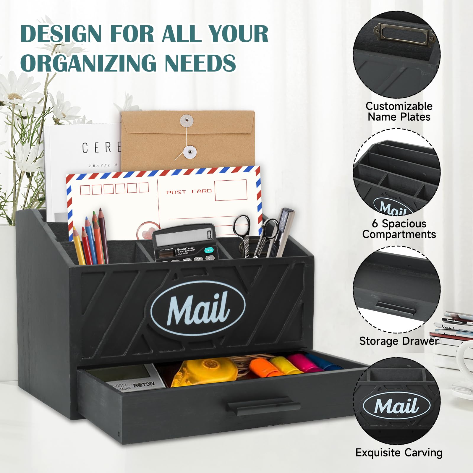Organizzatore di Posta da Scrivania in Legno con 6 scomparti e cassetto, Organizzatore per Cartelle di Carta e Lettere, Organizer per Cartelle per Scrivania per Lettere Cancelleria, Nero