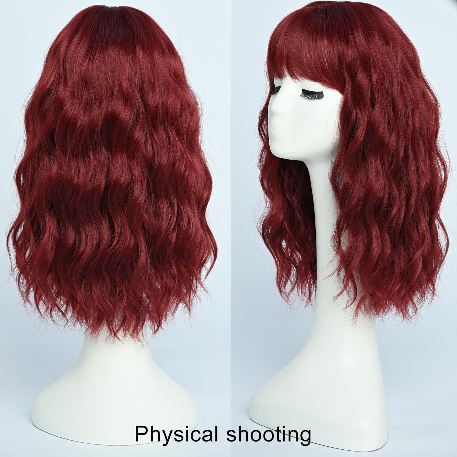 simkaylee Long Burgundy Wigs with Bangs for Women Synthetic 16inch Wavy Medium Length Wine Red Wig with Fringe Water Wave Female Heat Resistant Hair for Daily Party Costume Cosplay Anime Use (16 inch)