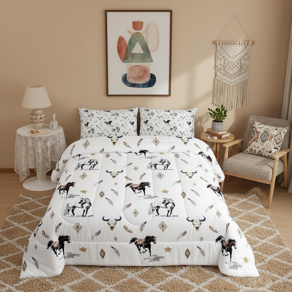 Horse Comforter Set Twin Size,Bull Skull Western Bedding Set 2Pcs America Southwest Tribal Feather Aztec Quilt Set for Kids Boys Girls Adult Room Decor Rustic Farmhouse Duvet Insert,White
