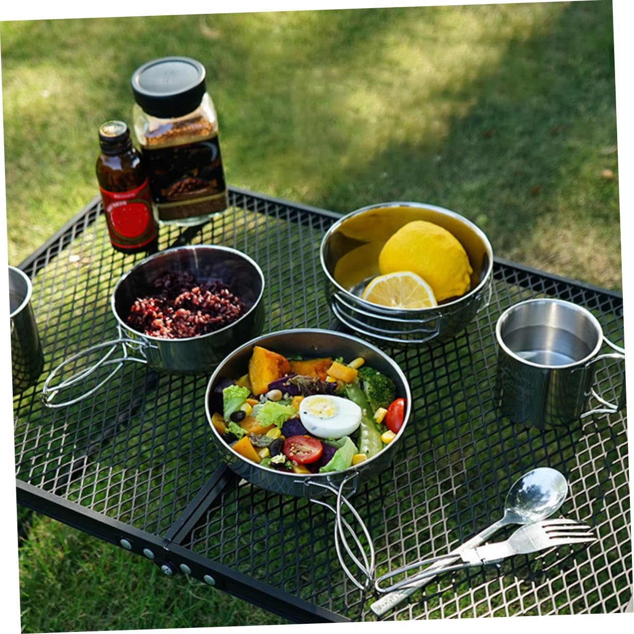 Toyvian Lot de Vaisselle Camping Acier Inoxydable 5 Pièces Set Tasses Bols Résistants Empilables pour Pique-niques Barbecue Randonnée en Plein Air