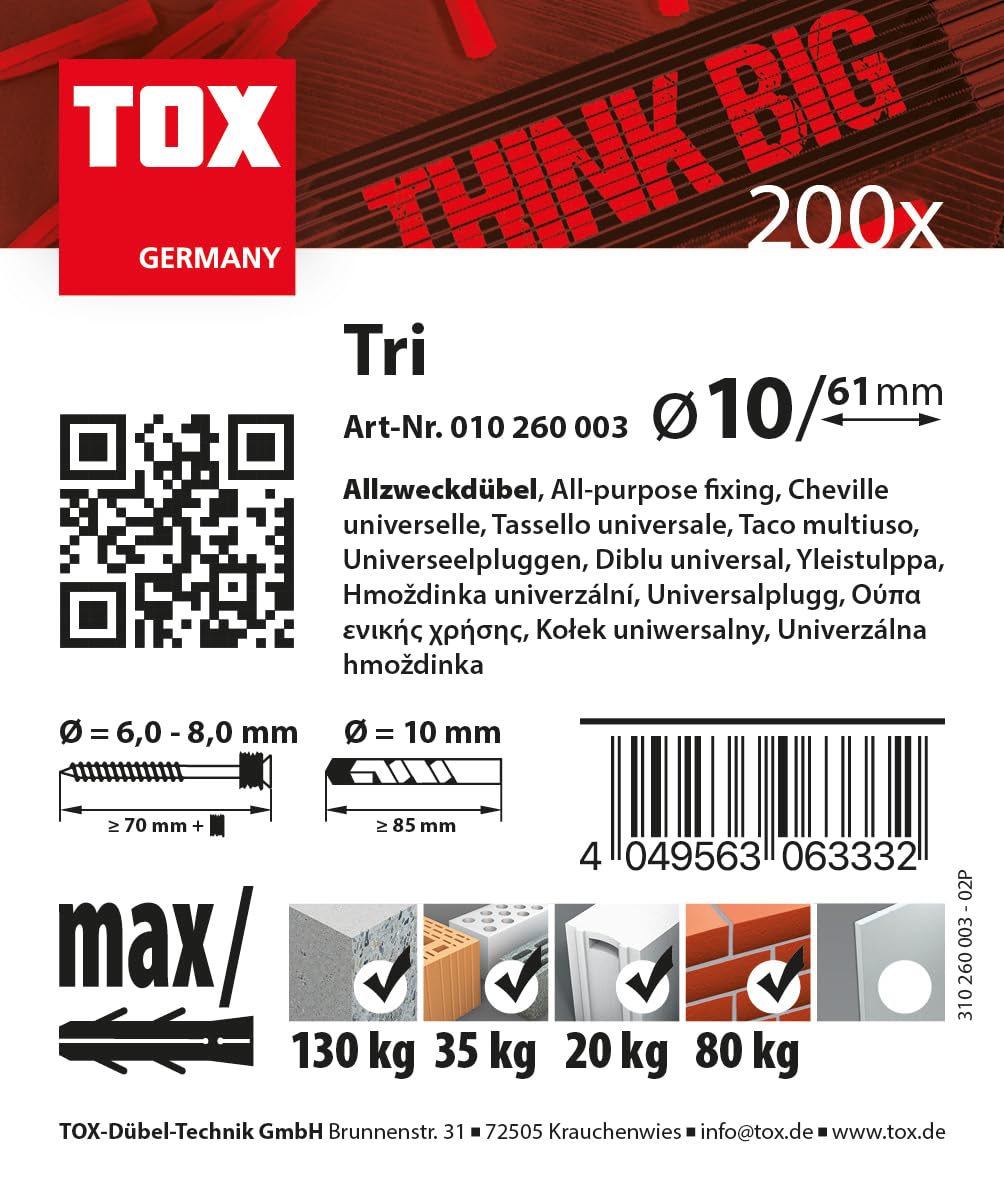 TOX Kołek uniwersalny TRI 10 x 61mm w dużym opakowaniu, kołek do prawie wszystkich materiałów budowlanych, 200 sztuk w uniwersalnej i nietłukącej się okrągłej puszce, 2500 ml, 010260003