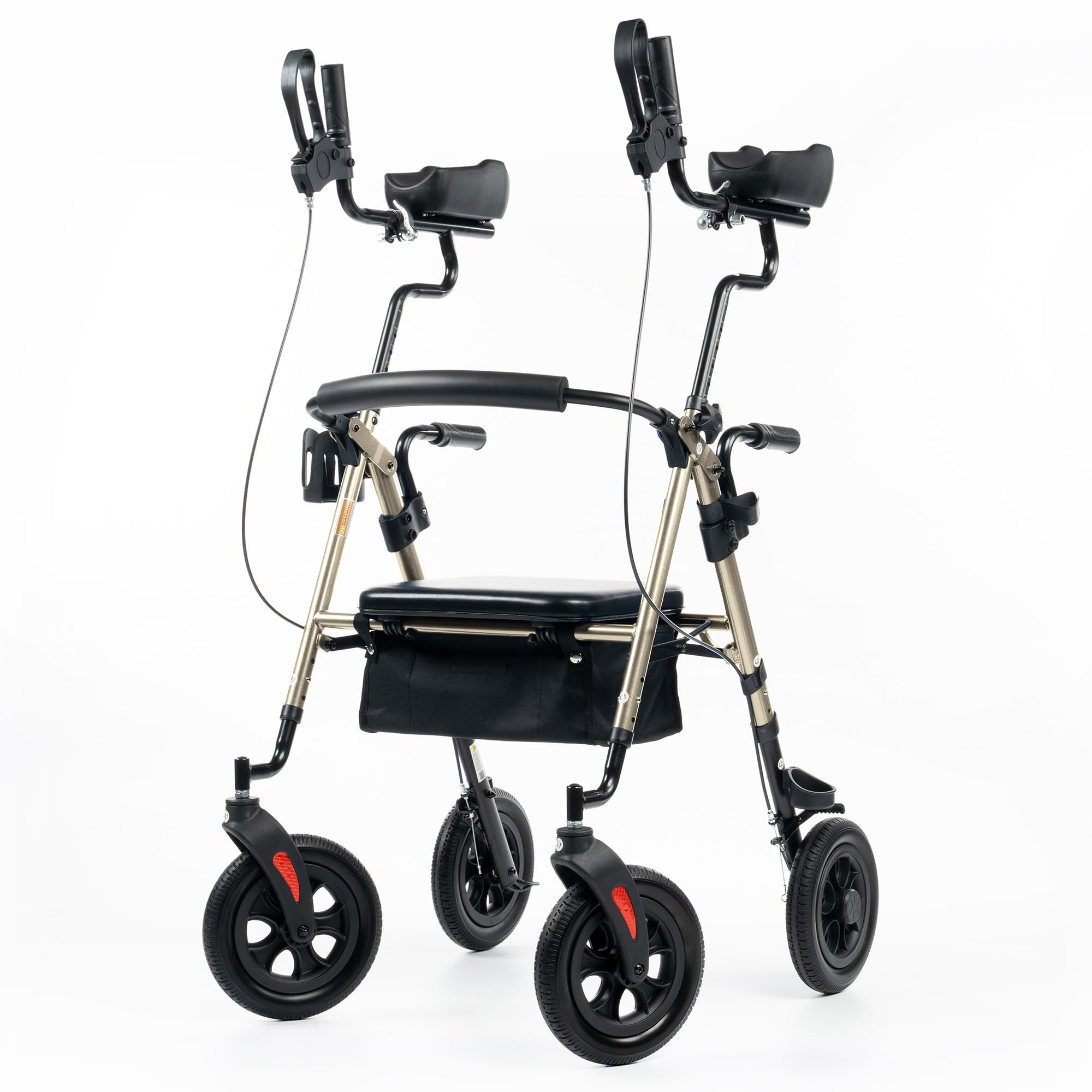 ELENKER All-Terrain Upright Rollator Walker with Padded Seat, 10" Wheels for Seniors, Champagne