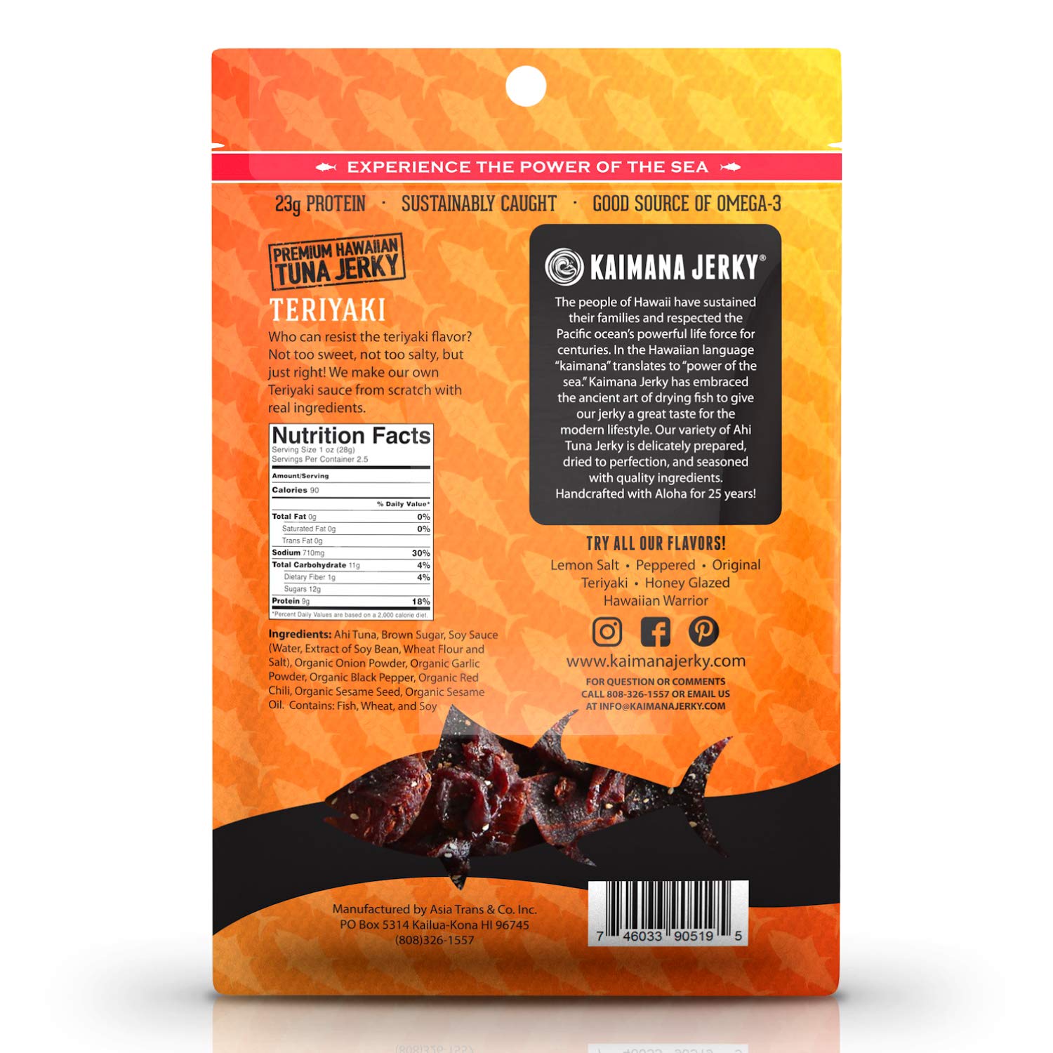 Kaimana Ahi Tuna Jerky Teriyaki 2 Ounce - Soft and Tasty - Premium Fish Jerky Made in the USA. High in Omega 3's, All Natural and Wild Caught (Pack of 2)