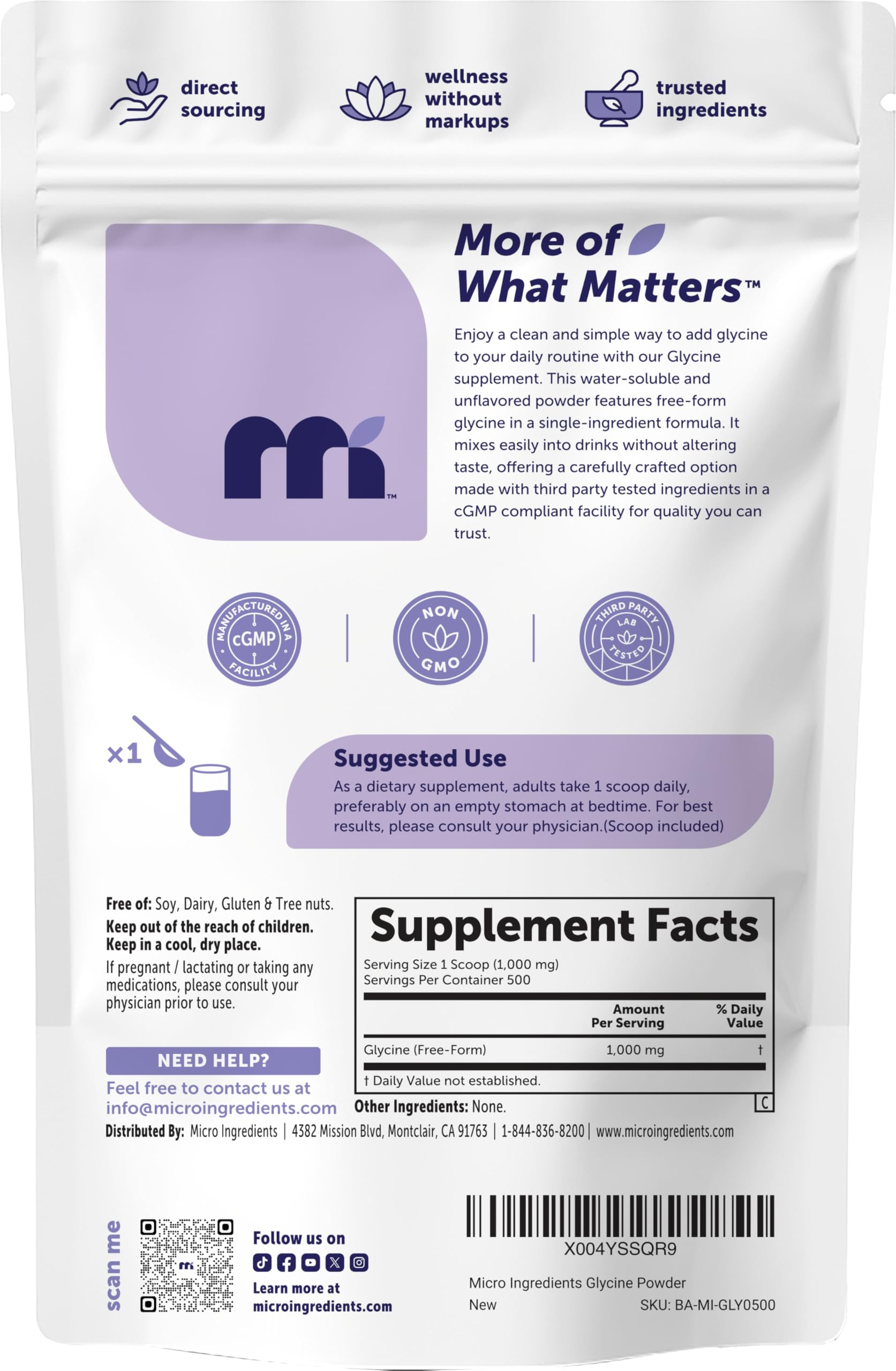Micro Ingredients Glycine Powder, 500 g (1.1 Pounds), Glycine 1000mg Per Serving, Water Soluble — Amazon image 6