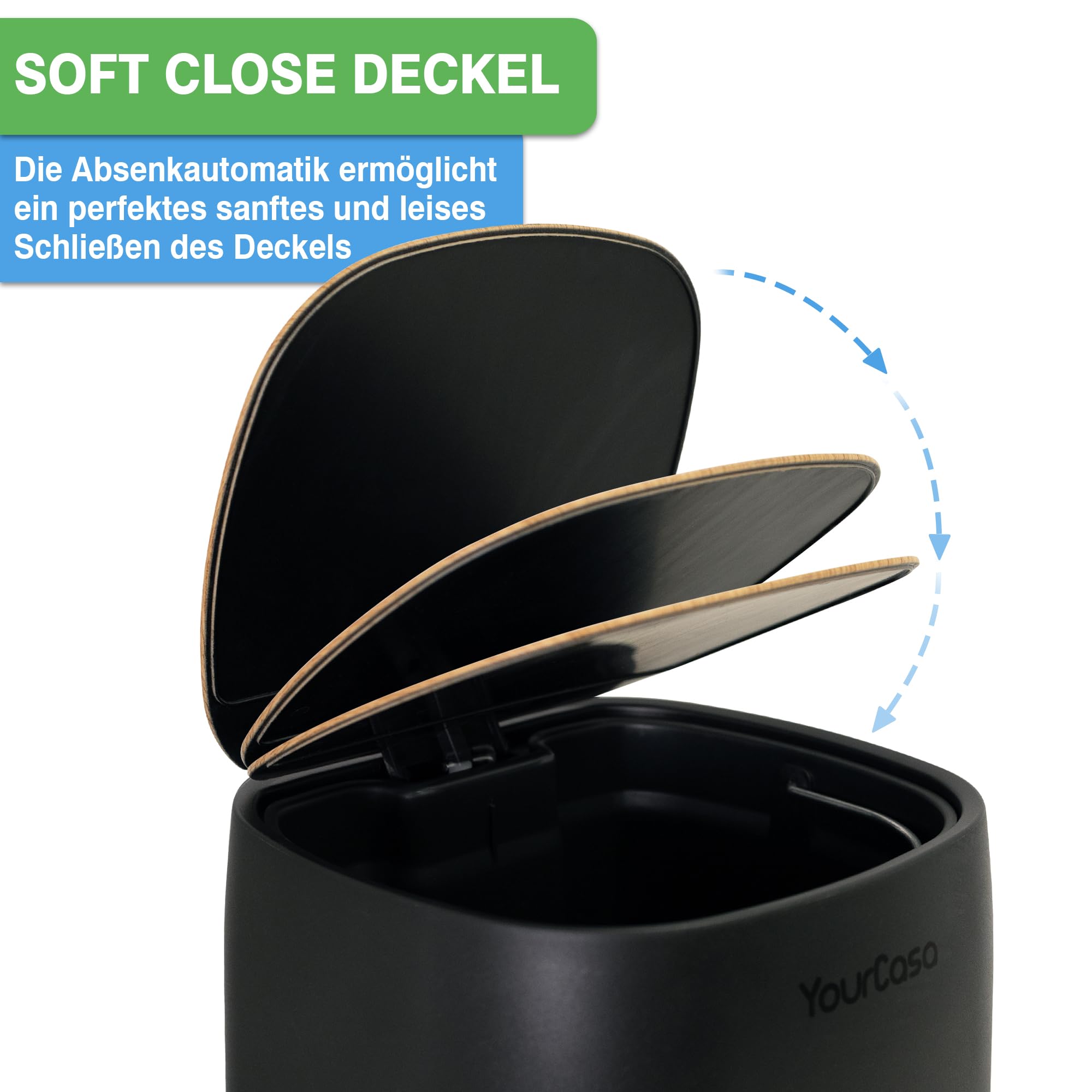 YourCasa Mülleimer Bad [5L] - 30% weniger Plastik - Badeimer - Kosmetikeimer Badezimmer Klein - Badmülleimer mit Deckel und Softclose – Abfalleimer Toilette WC - herausnehmbaren Inneneimer (Schwarz)