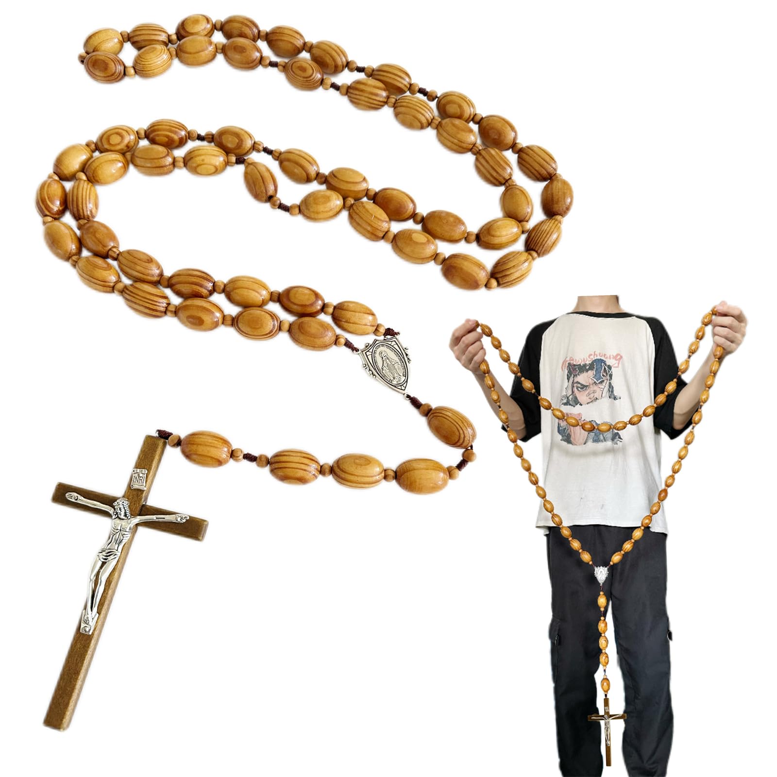 Large Wooden Wall Rosary, 56 Inch Catholic Big Prayer Beads, Miraculous Medal Cross Crucifix, Catholic Rosaries Home Decor -Catholic Gifts
