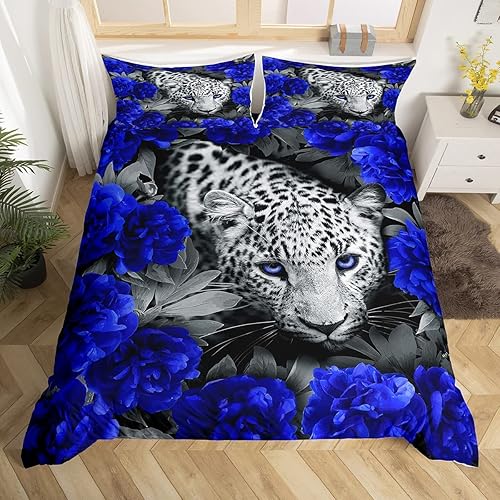 Erosebridal Juego de funda de edredón de leopardo 3D con estampado de guepardo de rosa azul tamaño Queen funda de edredón de animales de safari