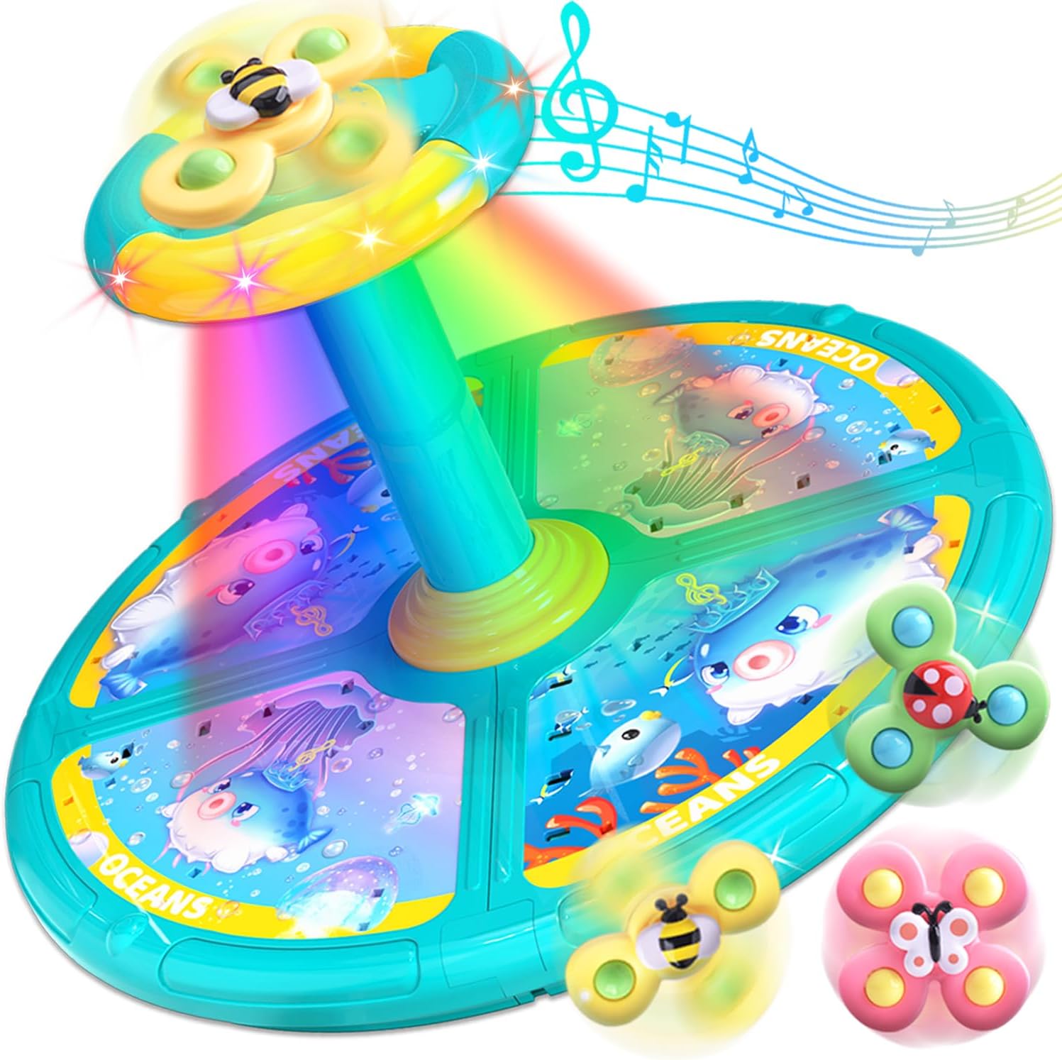 Ocean Sit and Spin Toys for Toddlers 1-3, 360 Rotation Sit n Spin, LED Light & Enlightenment Music, Ideal Christmas, Birthday Gift for Boy/Girl with 3PCS Suction Cup Spinner Toys (Blue)