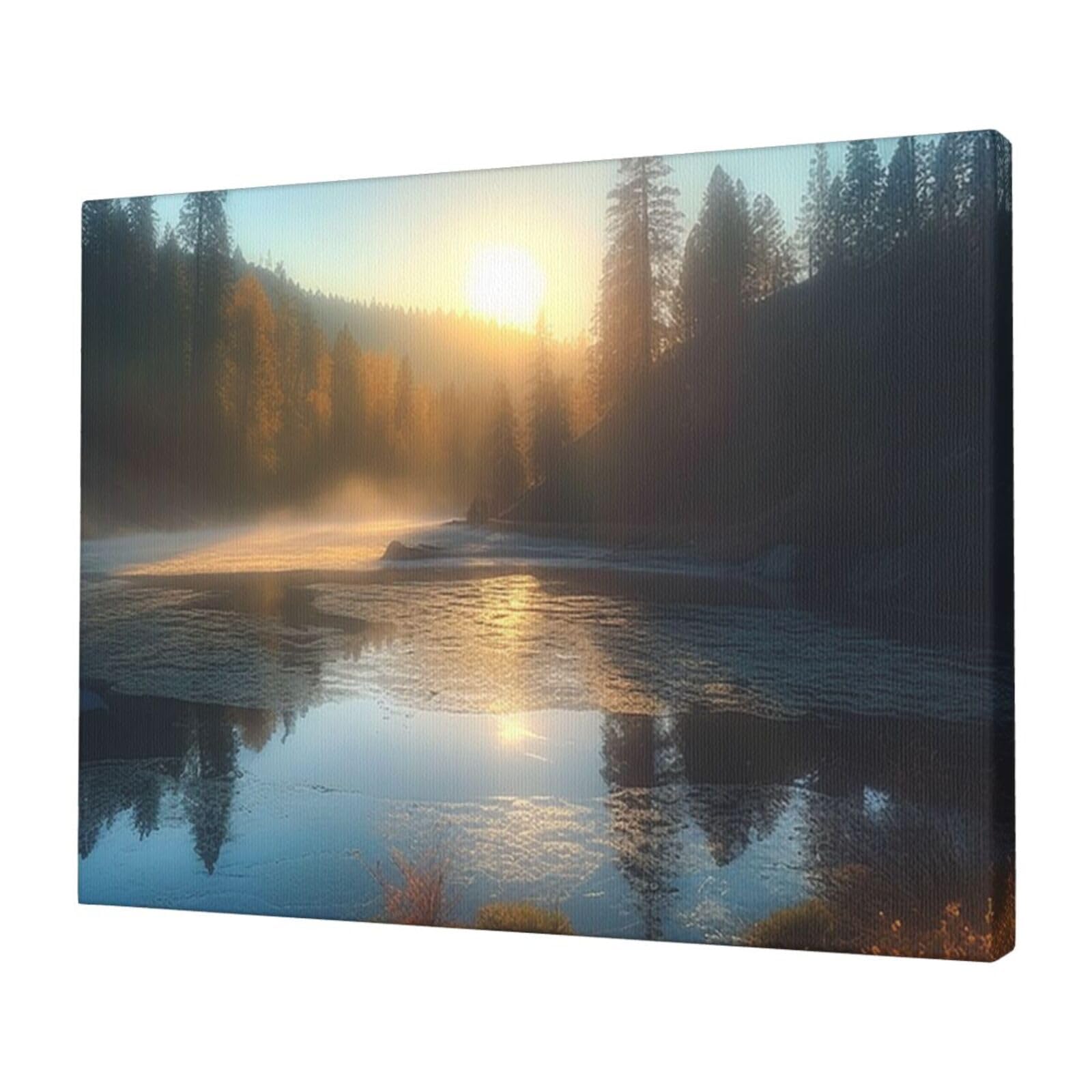 Canvas Wall Art for Living Room Wall Decor 12"x16" Modern Artwork Painting Pictures Hanging Canvas Prints Sunrise over mountain forest lake Aesthetic Wall Art for Bedroom Bathroom Office Wallart Decor