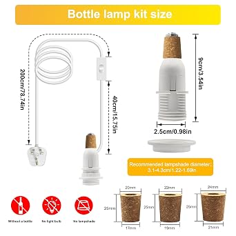 Bottle Lamp Kit, 240CM Cable, E14 Lamp Holder, Bottle Light Adaptor Kit with 3 Sizes of Stoppers, Table Lamp Kits Do It Yourself, Lamp Fittings for Various Bottles, DIY Lampshade, White