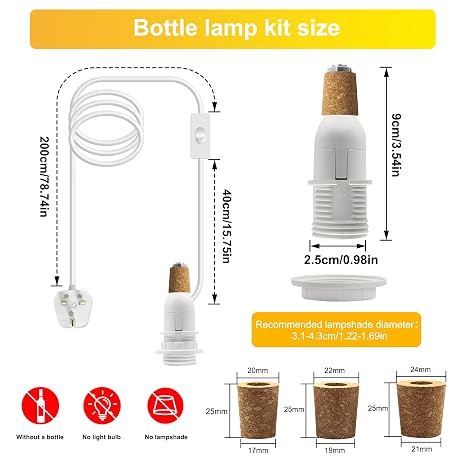 Bottle Lamp Kit, 240CM Cable, E14 Lamp Holder, Bottle Light Adaptor Kit with 3 Sizes of Stoppers, Table Lamp Kits Do It Yourself, Lamp Fittings for Various Bottles, DIY Lampshade, White