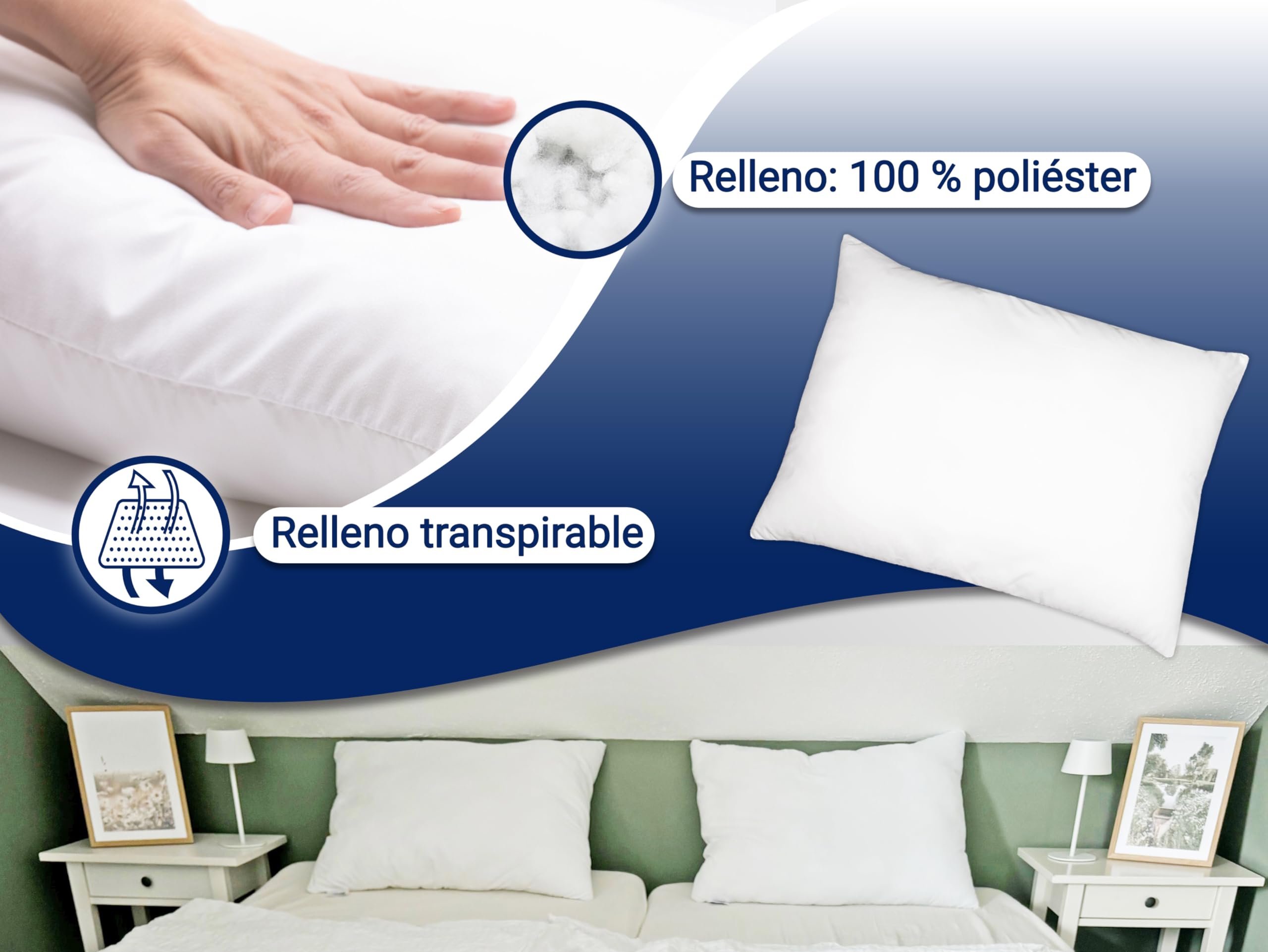 ZOLLNER Juego de 2 Almohadas - Fabricadas en Alemania - Relleno de poliéster - Funda de poliéster Lavables a 60 °C - 40 x 60 cm - Calidad hotelera - Certificación Oeko Tex®