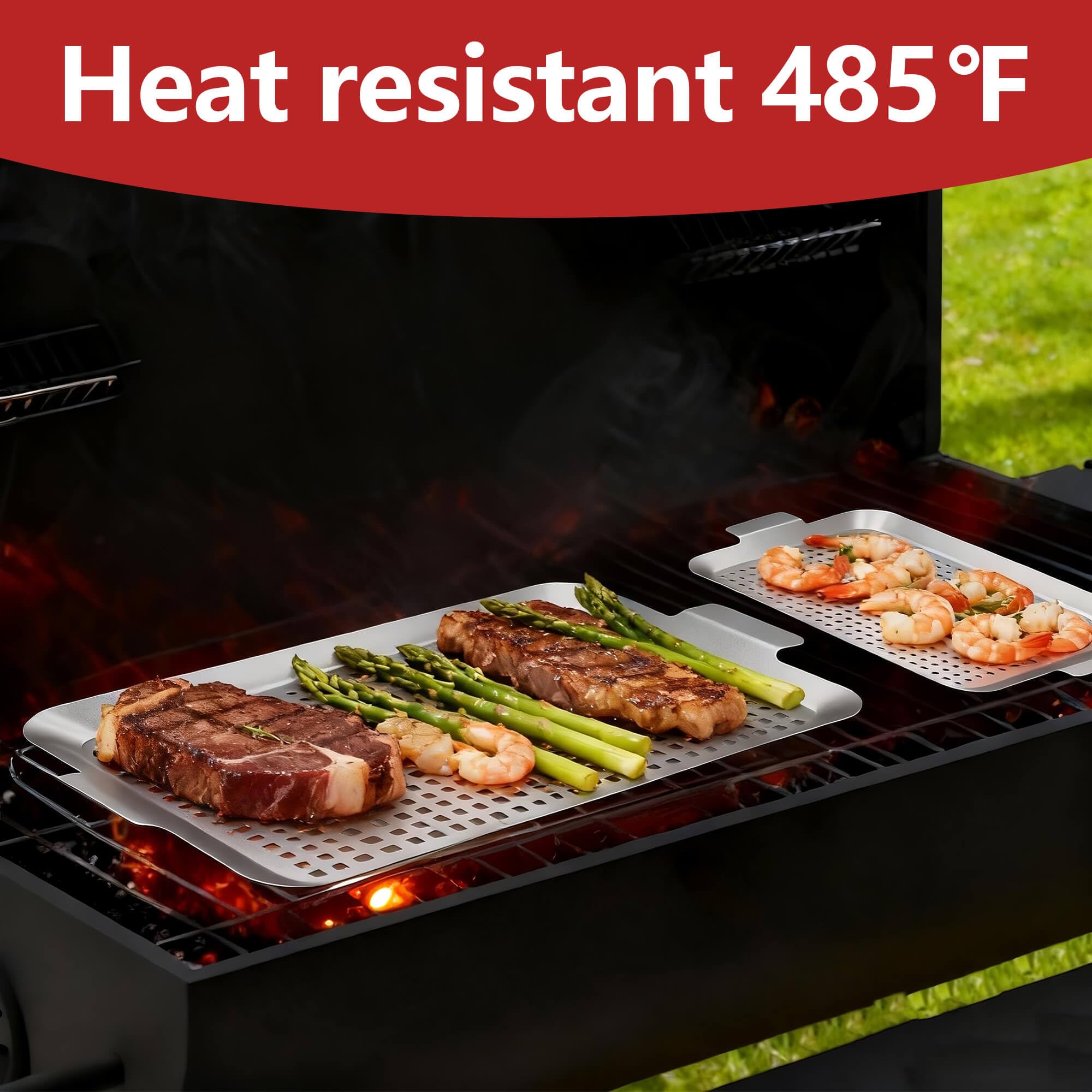 Grillpfanne 4er Set, Grill Topper für Outdoor Grill, Edelstahl Bratkorb mit Griffen, Perforierte Grillschale für Smoker Braten, Ofen, BBQ Zubehör (4 klein)