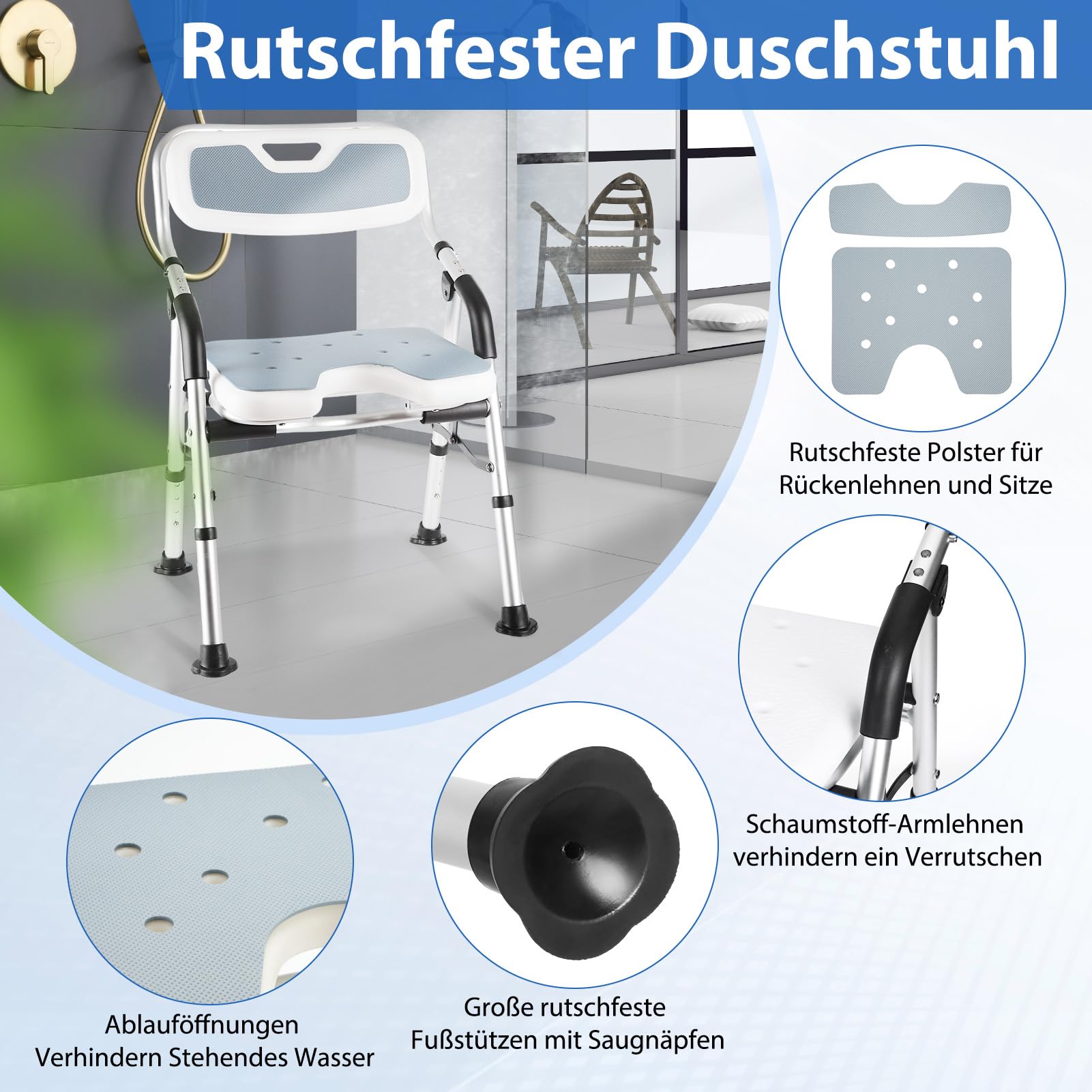 DEWEL Duschstuhl für Senioren, Duschstuhl Klappbar mit Rückenlehne und Armlehne, 4-Stufige Höhenverstellbarer, mit Duschbrausenhalter - Werkzeugfreie Montage, Tragfähigkeit von 150 kg (Grau)