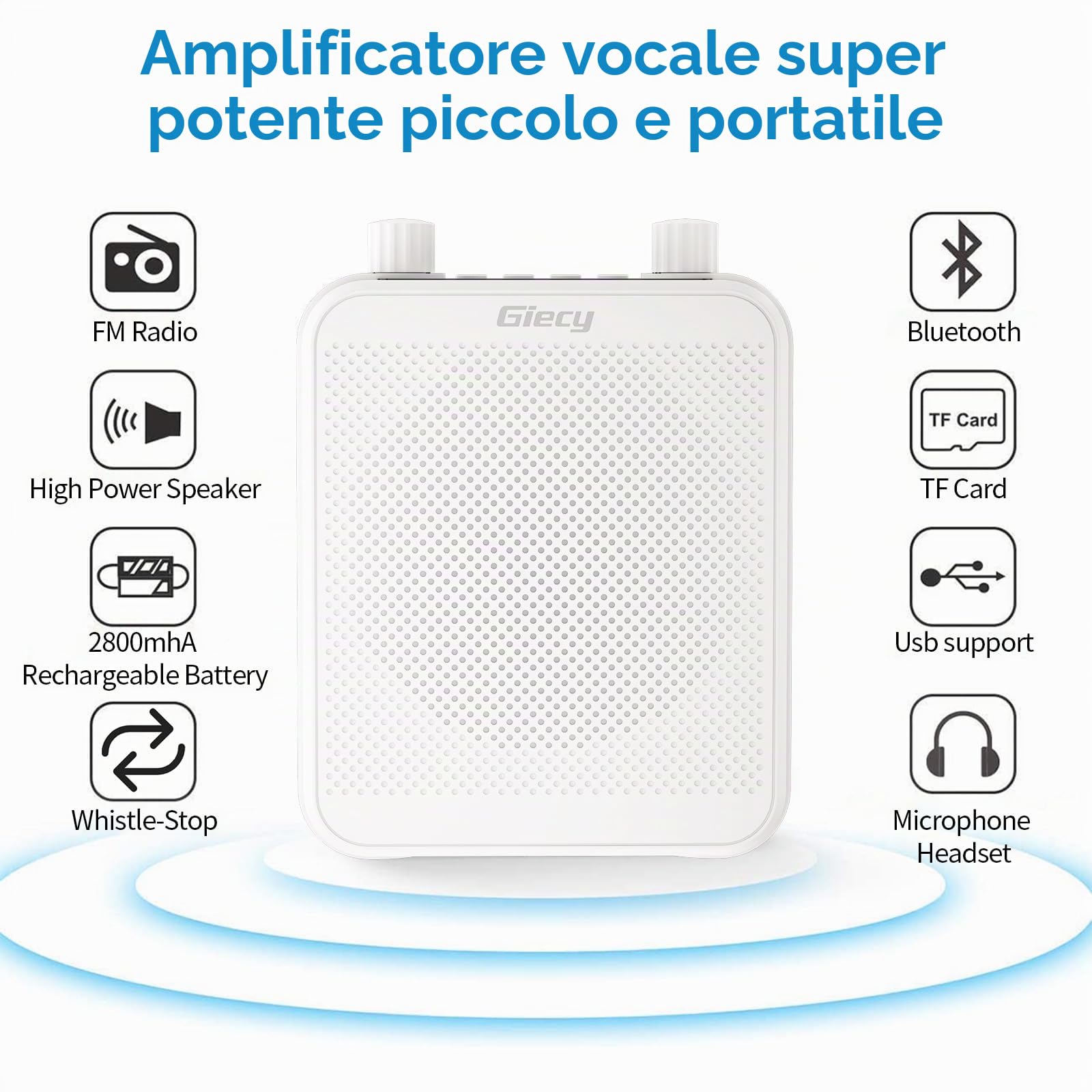 Amplificatore vocale portatile con microfono Batteria ricaricabile 2800mah Sistema PA per insegnanti, guida turistica, allenatori, presentatori(Bianco)