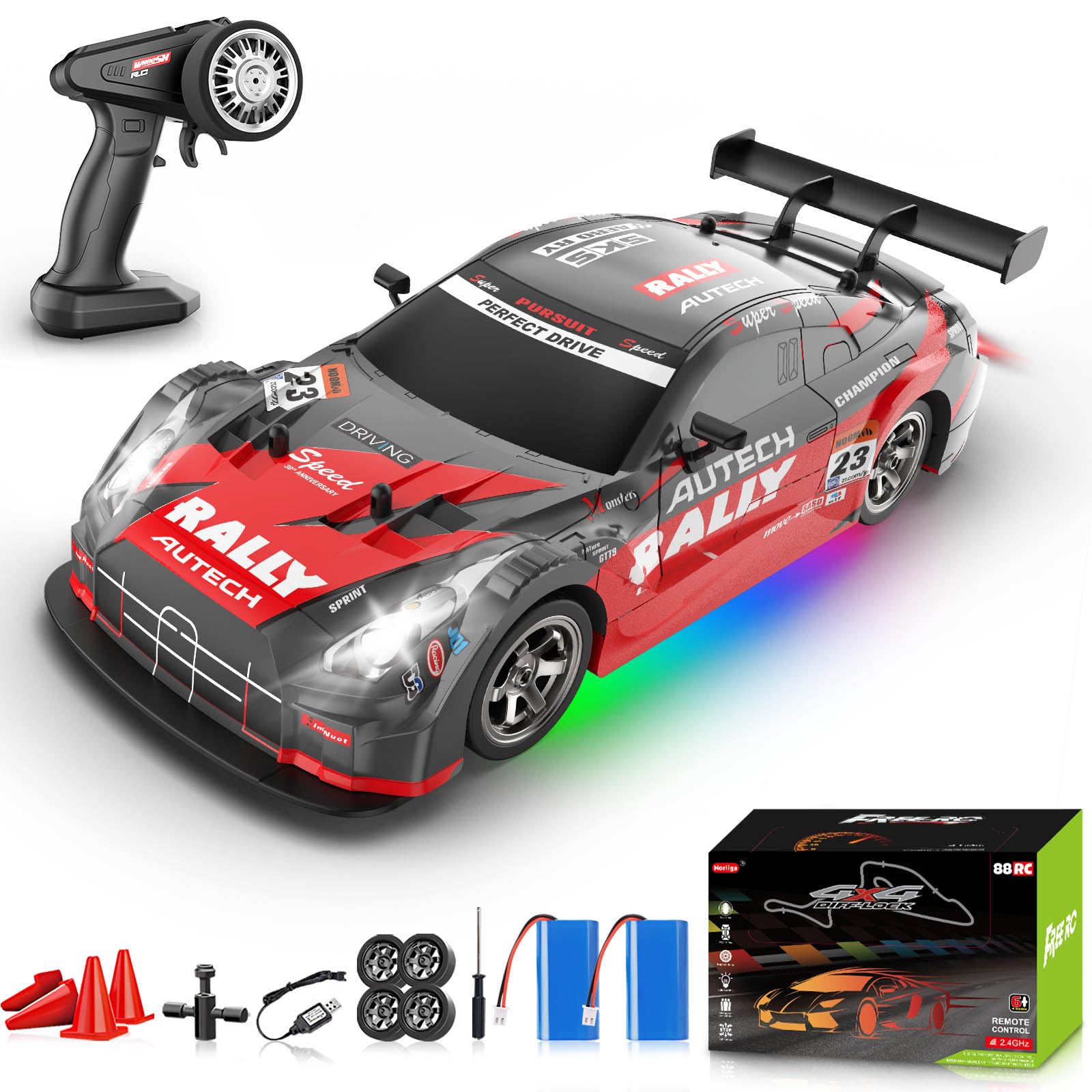 YUAN PLAN RC Drift Car 1:16, 2.4GHz 4WD 30+KM/H High Speed Remote Control Car with LED Lights Two Batteries and Drift Tires, Drifting RC Cars for
