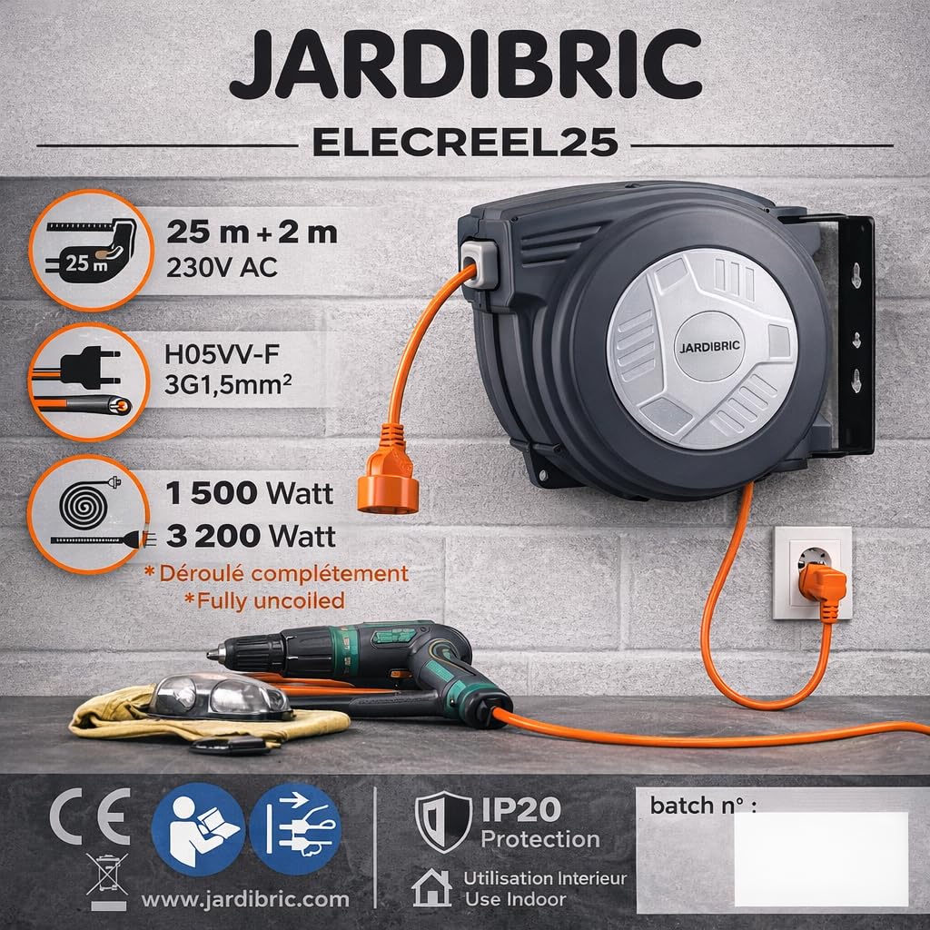 Jardibric - Dispensador eléctrico de pared automático de 25 m, 3200 W, cable 3G1,5 mm², 230 V, alargador de 2 m