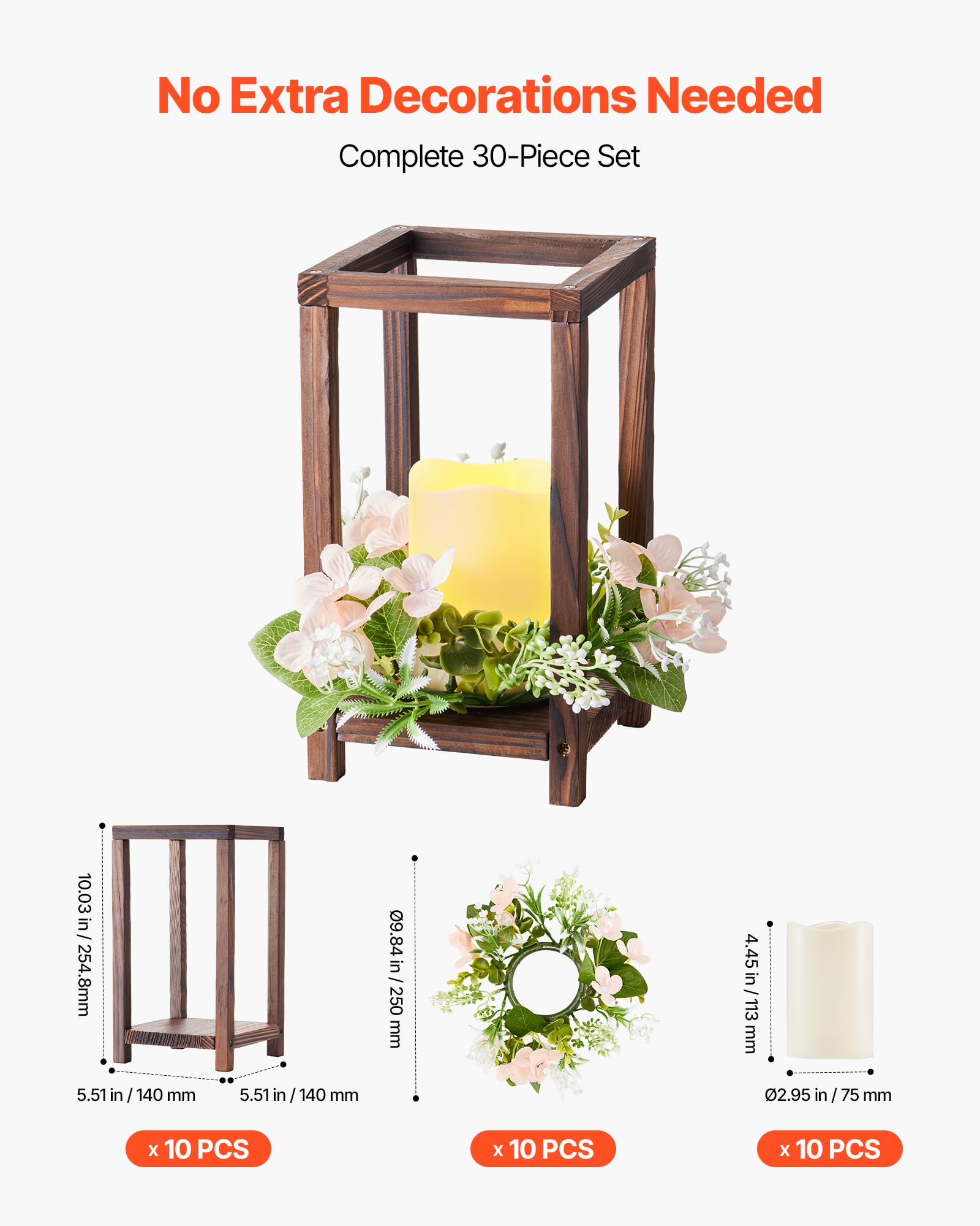 VEVOR 10er-Set Holzlaternen für Hochzeiten, inkl. 10 Holzlaternen-Kerzenhaltern, 10 flammenlosen LED-Kerzen, 10 Champagner-Blumenkränzen für Hochzeitstisch, Party, Bauernhaus-Dekoration, Braun