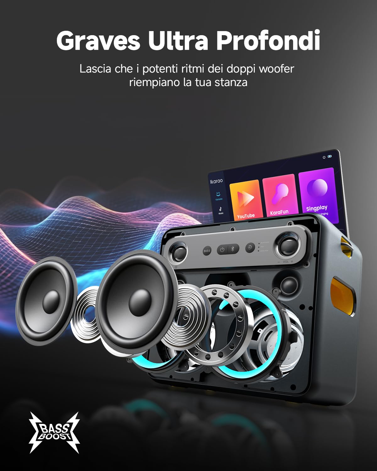Macchina per karaoke per adulti con display testi, schermo 13,3 pollici, karaoke tutto in uno 2 microfoni wireless (nascosto autocarica), altoparlante