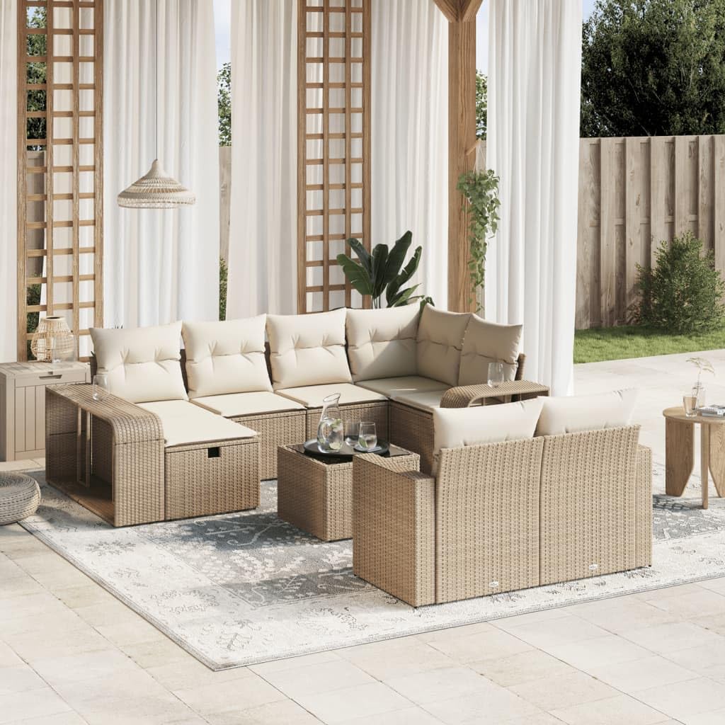 Juego de sofá modular de ratán sintético para jardín con espacio de almacenamiento y fundas de almohada extraíbles, 11 piezas, color beige