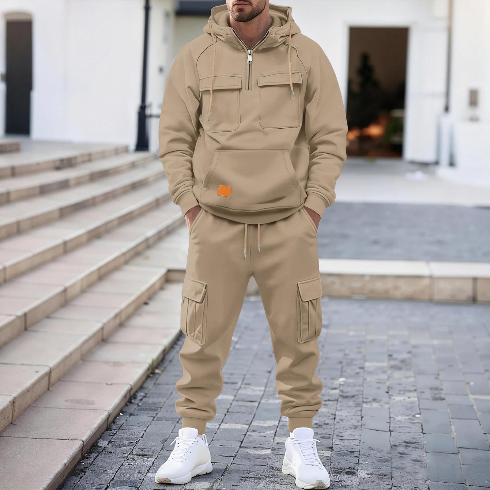 Générique Bluza z kapturem w stylu użytkowym z męskimi spodniami z kieszeniami wygodny zestaw casualowy dres nowoczesny uniwersalny strój na co dzień jednolity