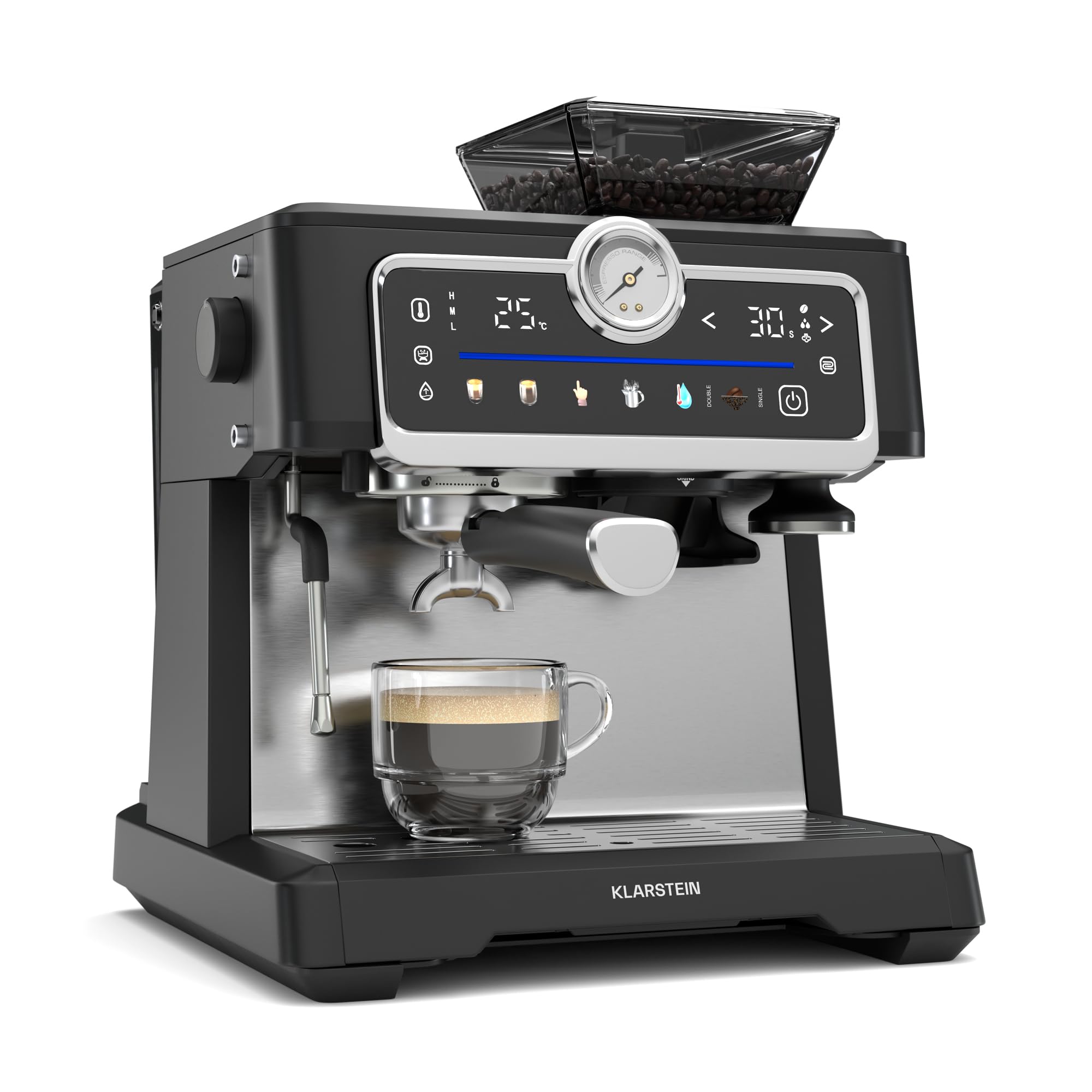Klarstein GrandPresso Touch Cafetera Exprés 20 Bares - Pantalla Táctil, Molinillo Integrado, 2,3L, Boquilla de Vapor, Acero Inoxidable, Negra, Cafetera Espresso