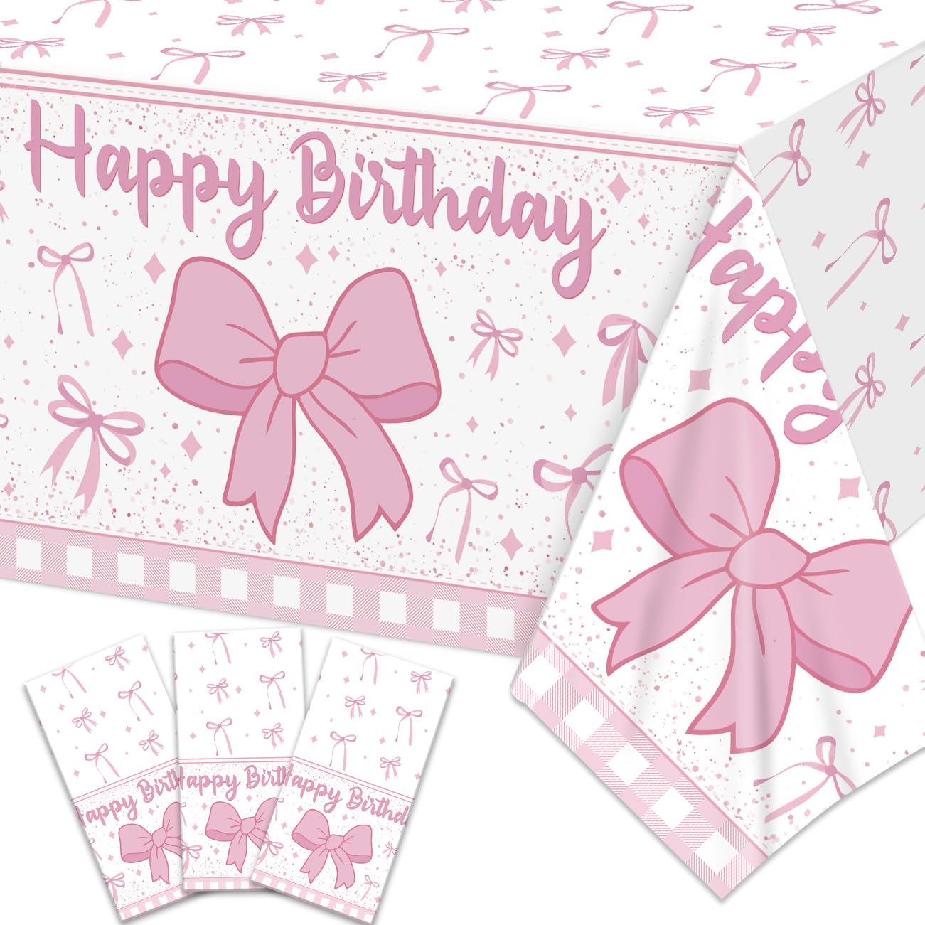 3Pcs Pink Bow Birthday Decorations Coquette Birthday Tablecloths Happy Birthday Table Cloth for Women Disposable Plastic Table Covers for Bow Birthday Party Supplies 54 * 108inch