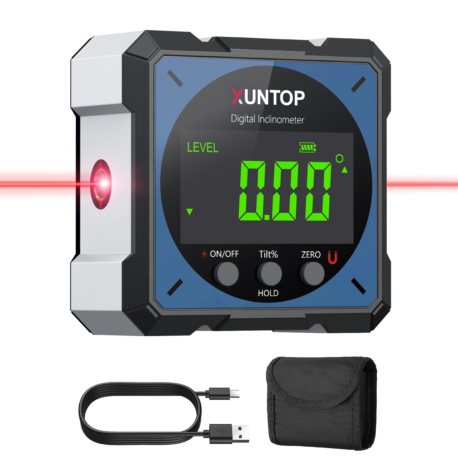 XUNTOP Digital Angle Finder with Laser, 4-Sided Magnetic Digital Spirit Level, Rechargeable Angle Finder with Dual Laser, IP54 LCD Inclinometer for Woodworking, DIY, Construction and Renovation