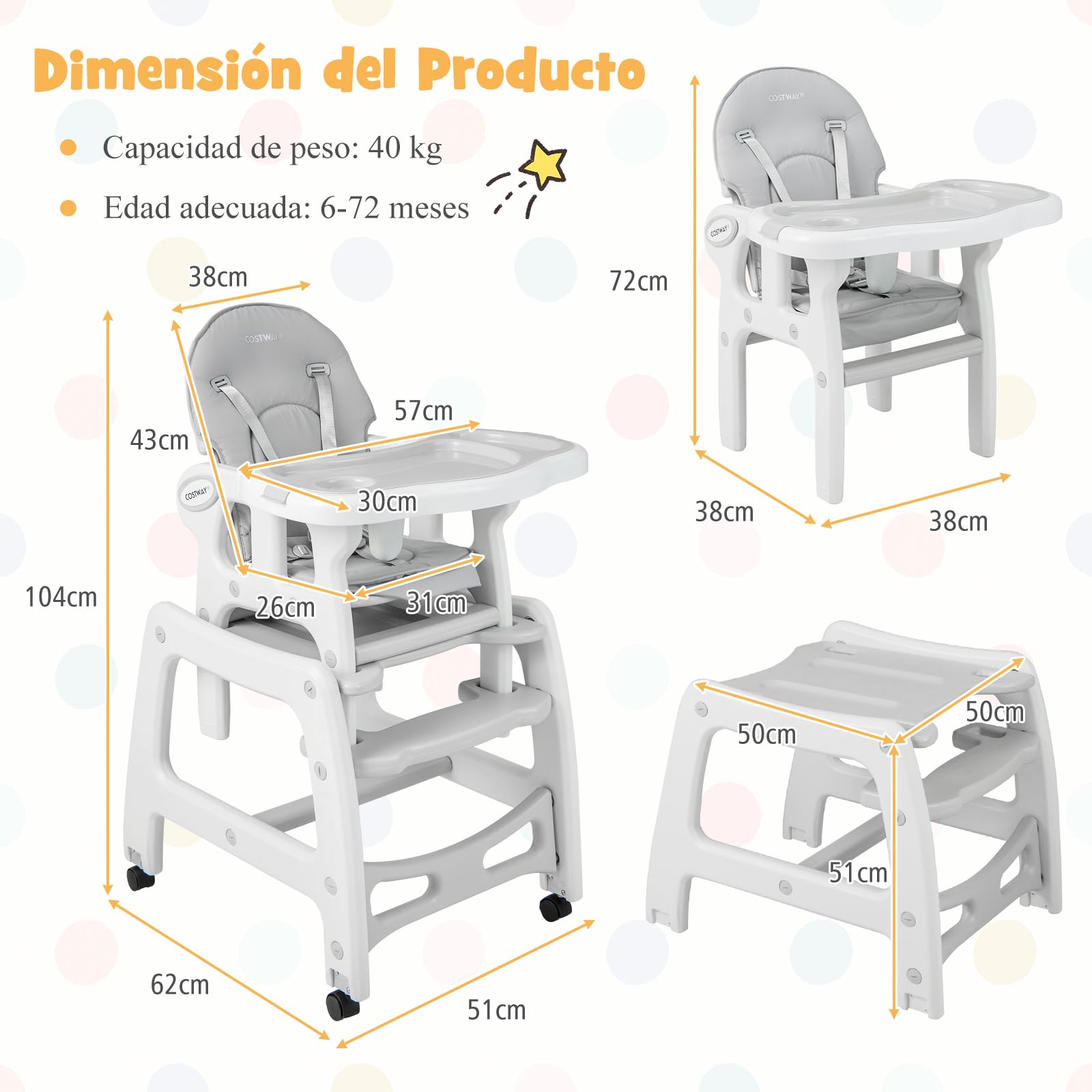 COSTWAY 5 en 1 Tronas de Bebe, Trona Portatil con 2 Bandeja Extraíble de 4 Posiciones, Cojín, Respaldo de 3 Niveles, Silla de Comer, Trona Evolutiva para 6-72 Meses
