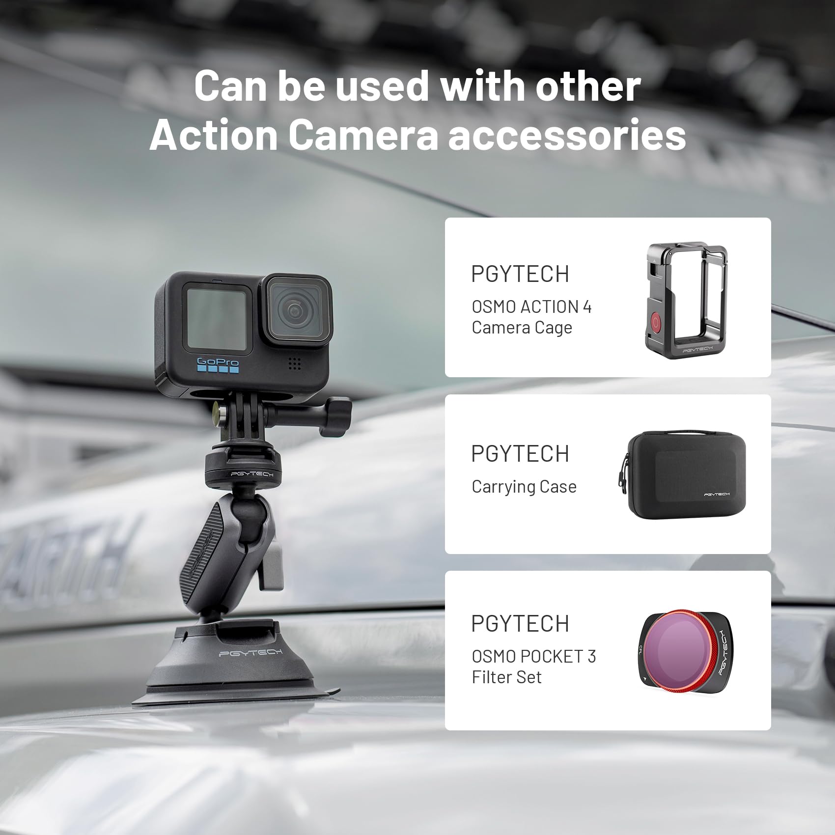 PGYTECH CapLock Support à Ventouse pour DJI OSMO 360/Action 6/Pocket 4/3, Suction Cup pour Gopro Hero 13/12/11, Action Caméra Accessoire pour Insta360 Ace Pro 2/X5/One RS avec Filetage 1/4"-20