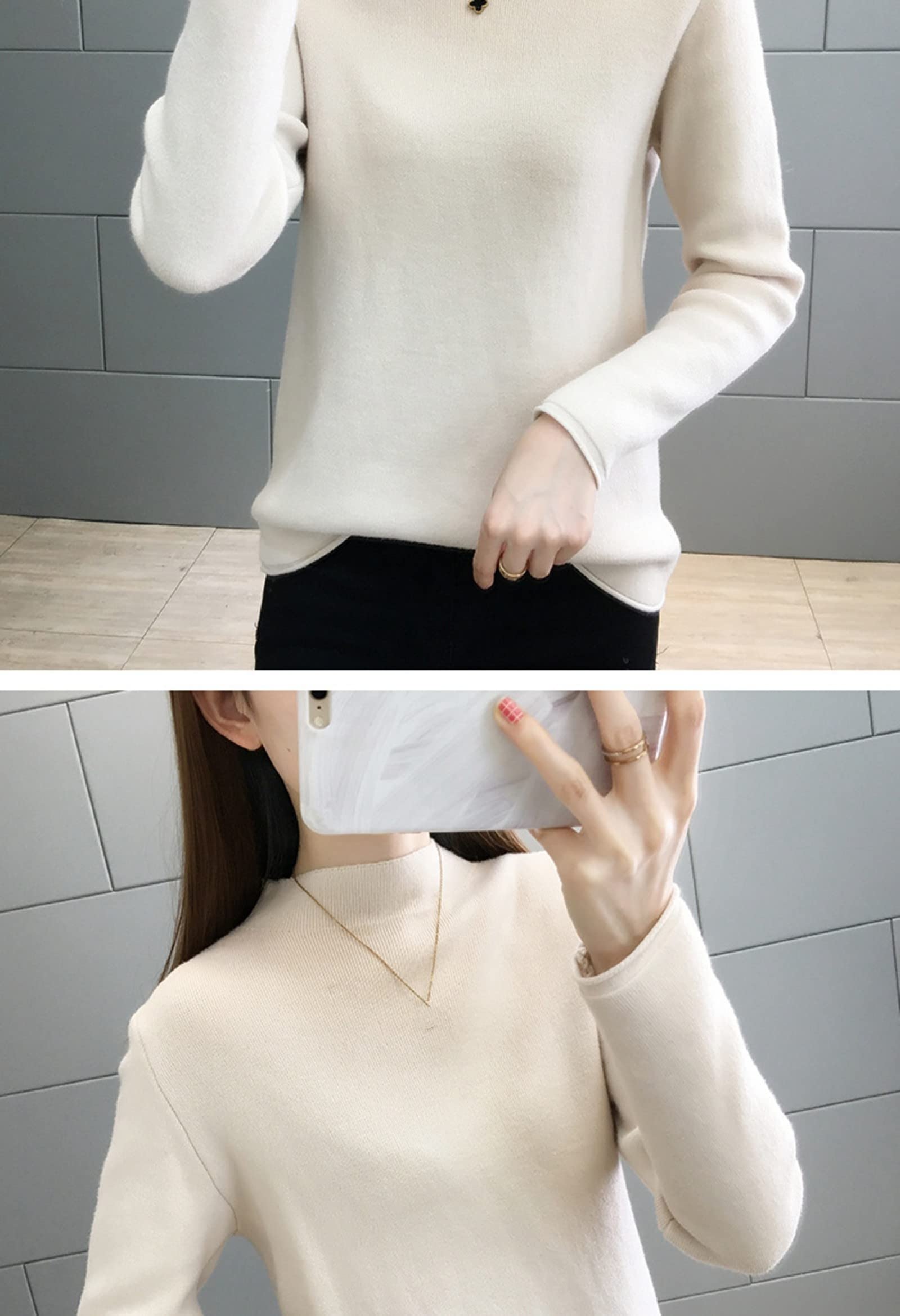 Suéter De Invierno Para Mujer - Mujeres De Invierno Medio Cuello Alto Más Suéter Grueso De Terciopelo Moda Albaricoque Suéter De Punto Cálido Estiramiento Suave Slim Fit Casual Manga Larga Reg