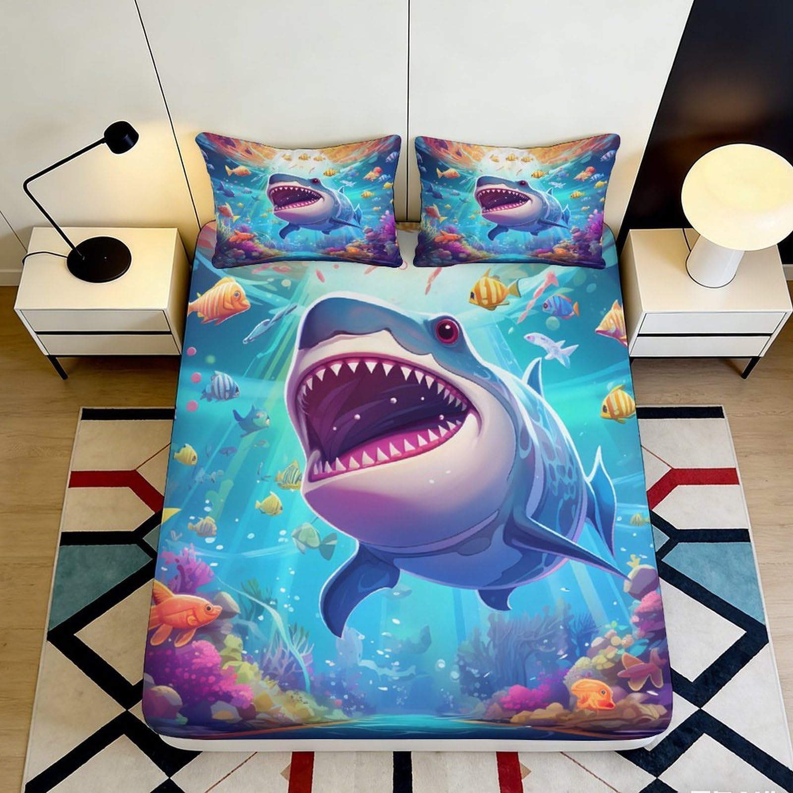 Jqzkxnhpbr Style-9 3D Printed Ocean Shark Fitted Sheet Microfiber Soft Blue Cartoon Fish Bed Cover For Home Bedroom Guest Room Decor 90X200x25cm