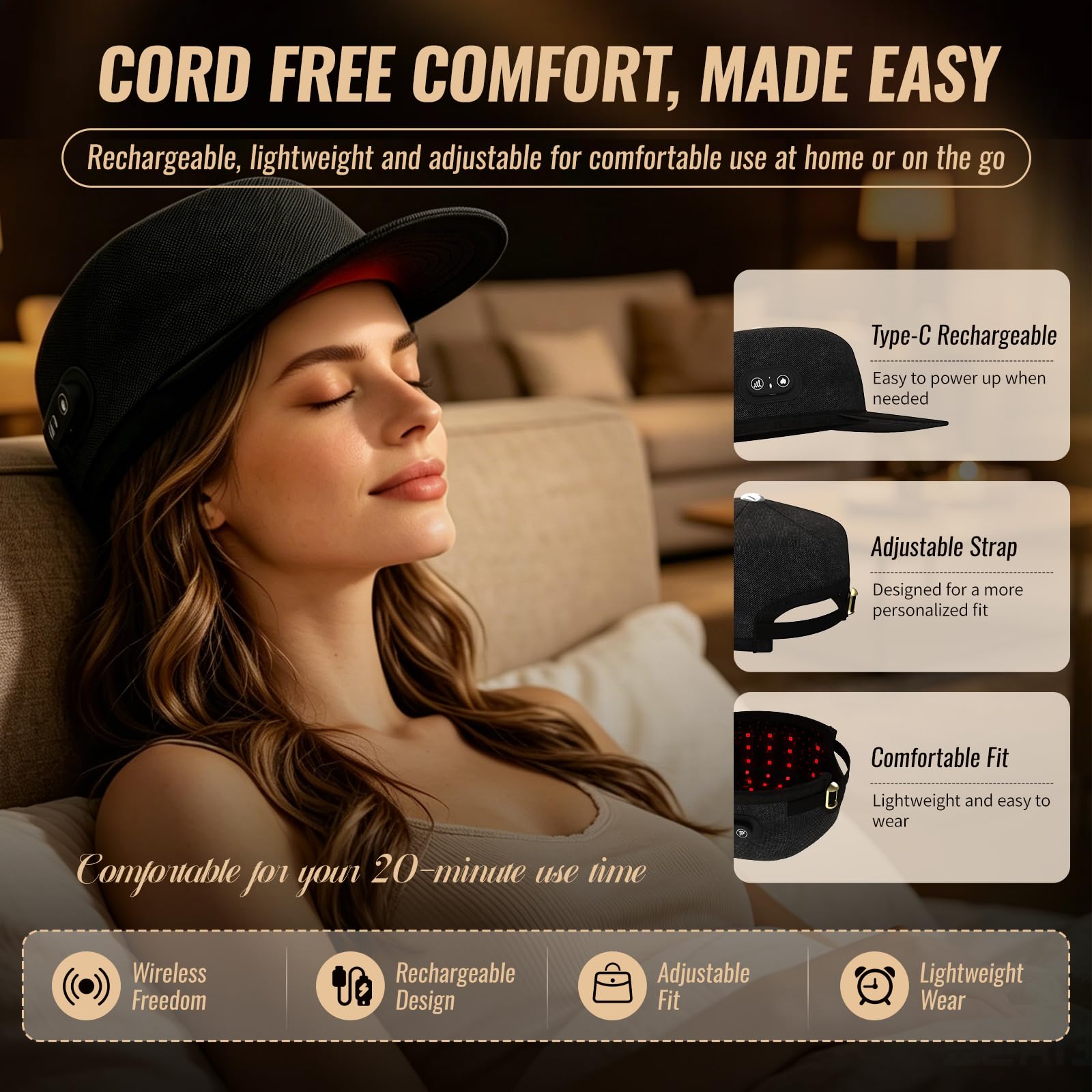 Gorra de Luz Roja para Crecimiento de Cabello, 660nm y 850nm, Inalámbrica, 108 Perlas LED, 3 en 1, 4 Modos y 3 Brillos, para Mujeres y Hombres