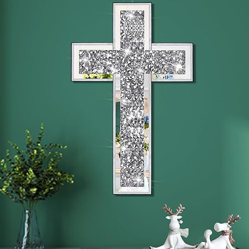 Uaussi Cruz de cristal con espejo de diamante triturado, cruz de cristal para mesa de pared, 15.7 x 10 pulgadas, decoración decorativa del hogar,