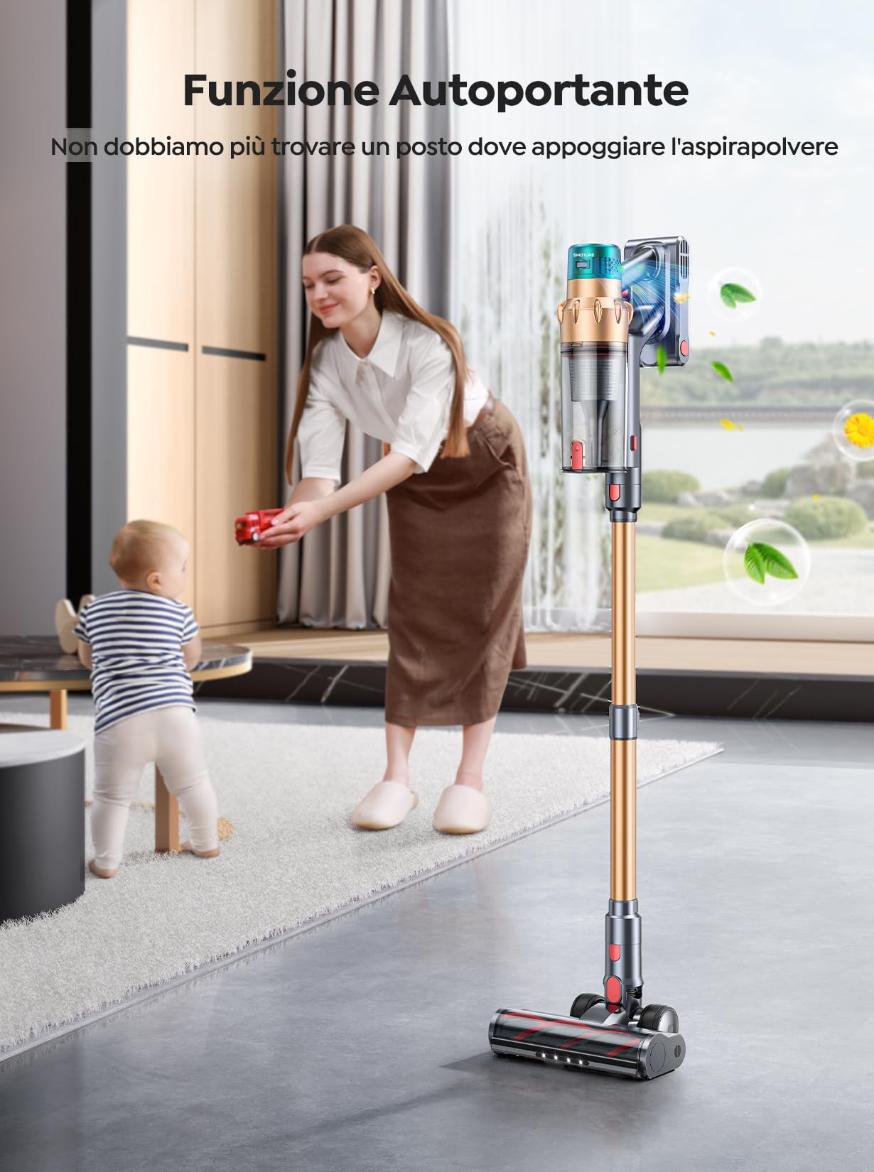 Aspirapolvere Senza Fili Potente 45KPa/550W, Scopa Elettrica Senza Fili con Autoportante, 60Mins di Durata Modalità Automatica e Ricarica a Parete, LED Touchscreen per Pavimenti Tappeti Peli Animalili