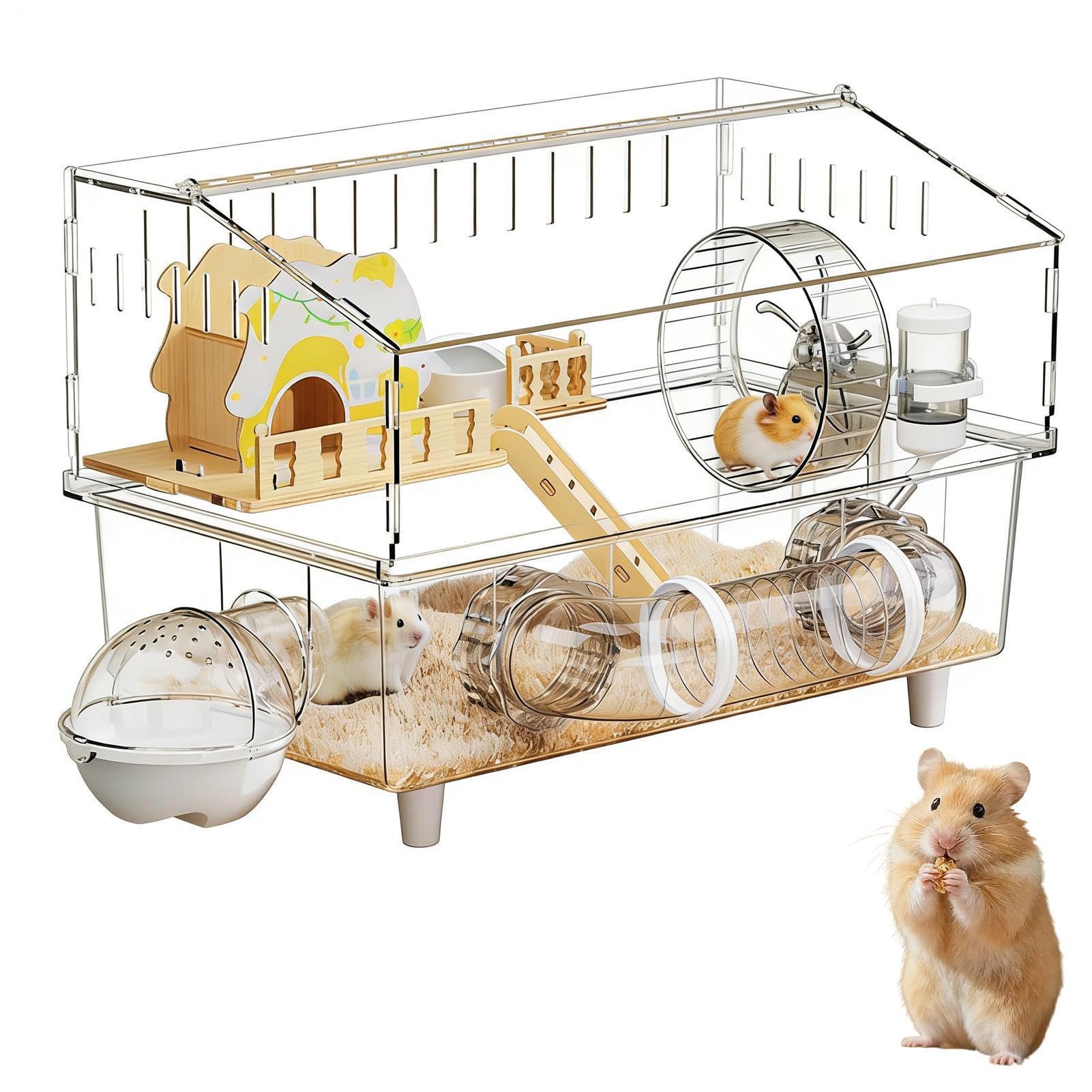Large Hamster Cage - 2 Layer Clear Transparent Hamster House | Acrylic Ferret Cage Habitat | Double-Layer Clear Chinchilla House, Spacious Design, Ventilated Panels