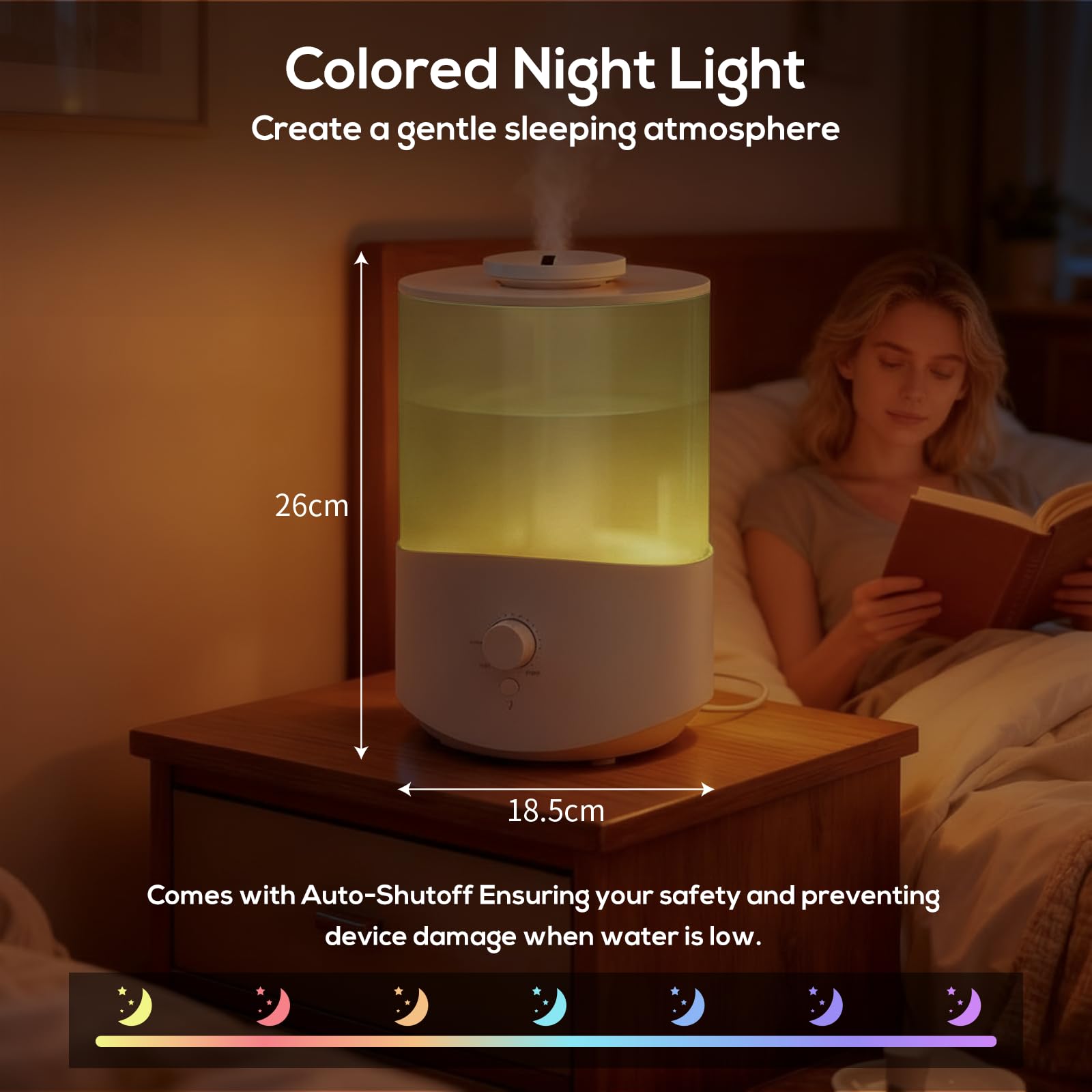Romon Humidificador Aire 2.5L Blanco, Hasta 28H para humificadores silencioso para Dormitorio, Hasta 28H, Nebulización 360° humidifier aceites esenciales para Plantas, Apagado Automático, 7 luces LED