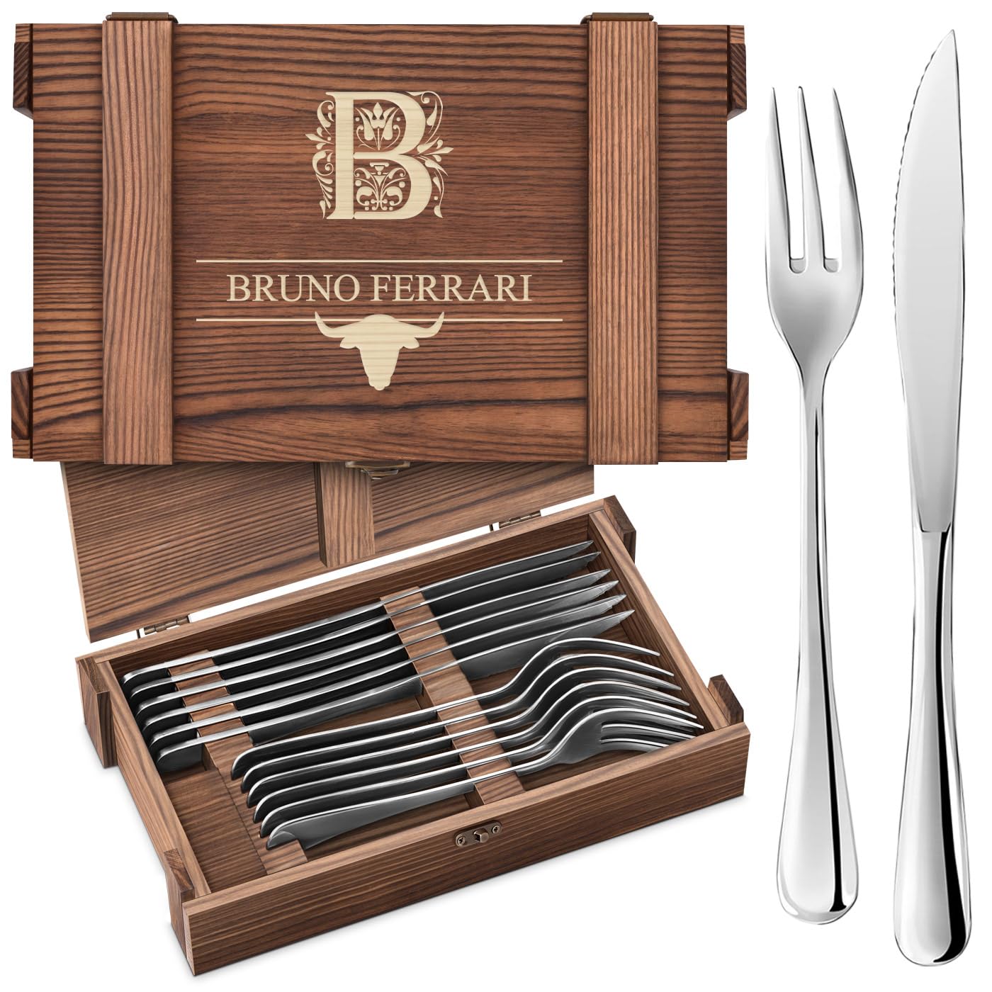 Maverton Set Posate in Scatola Legno di Pino - Portaposate 6 Coltelli e 6 Forchette - Scatola regalo Personalizzata - Idee regalo uomo compleanno - 26x16,5x6 cm