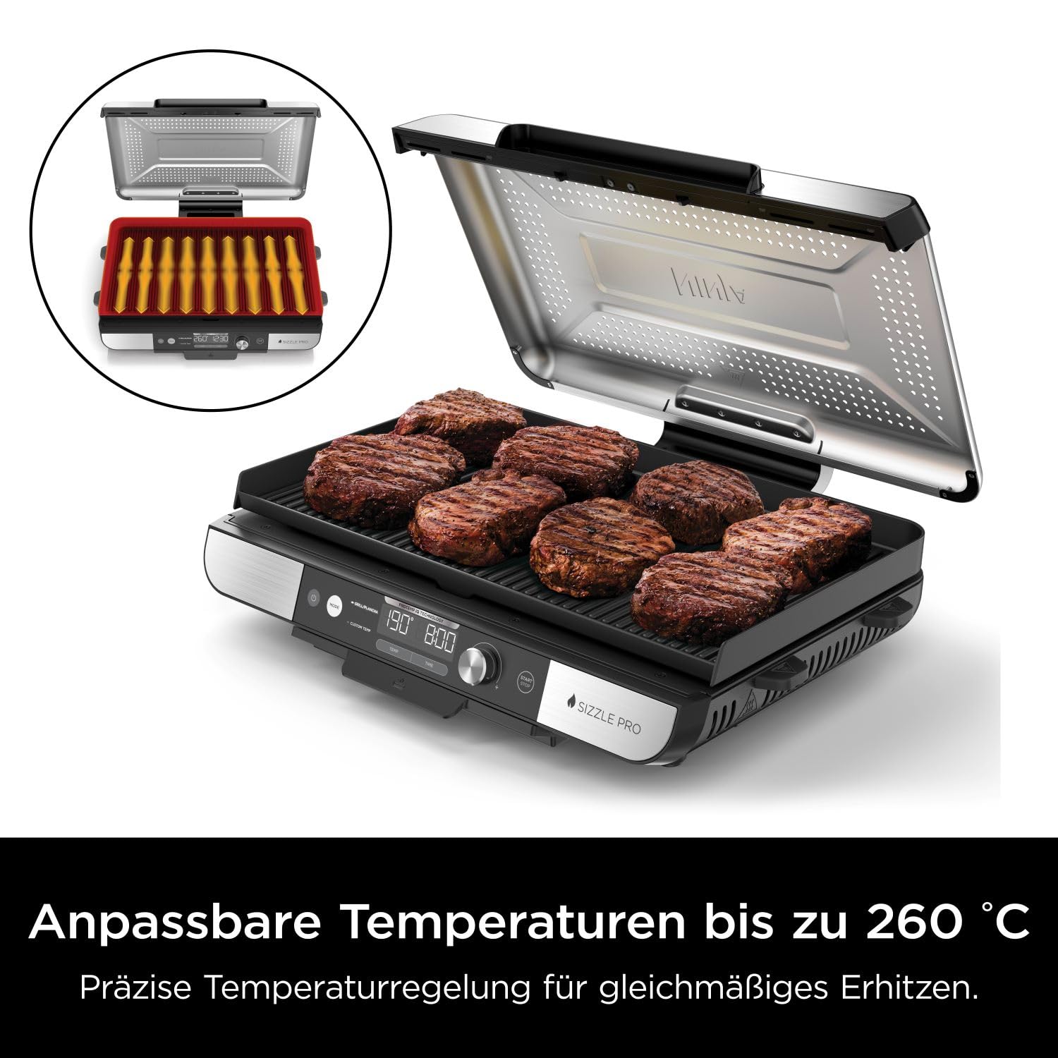 Ninja Sizzle Pro XL Indoor-Grill & Plancha GX101EU, Keramikbeschichtung, abnehmbarer Deckel, Silber/Schwarz