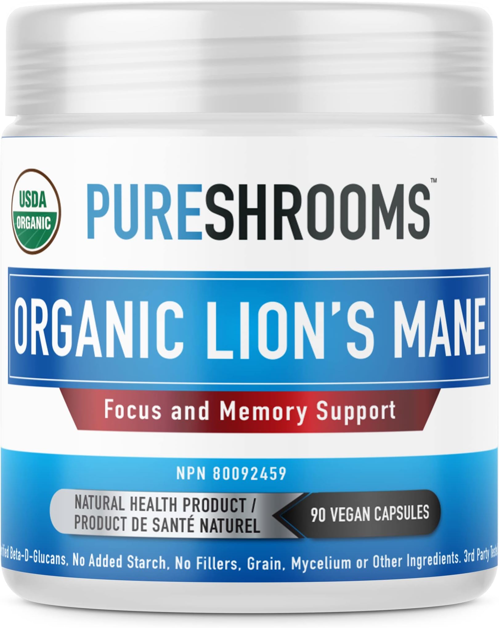 Pure Shrooms Organic Lion's Mane Mushrooms - Strongest 1600mg Per Serving, 90 Capsules - Memory, Focus & Nerve Health. Beta-D-Glucans: 30%, Organic, No Fillers, No Preservatives & No Additives