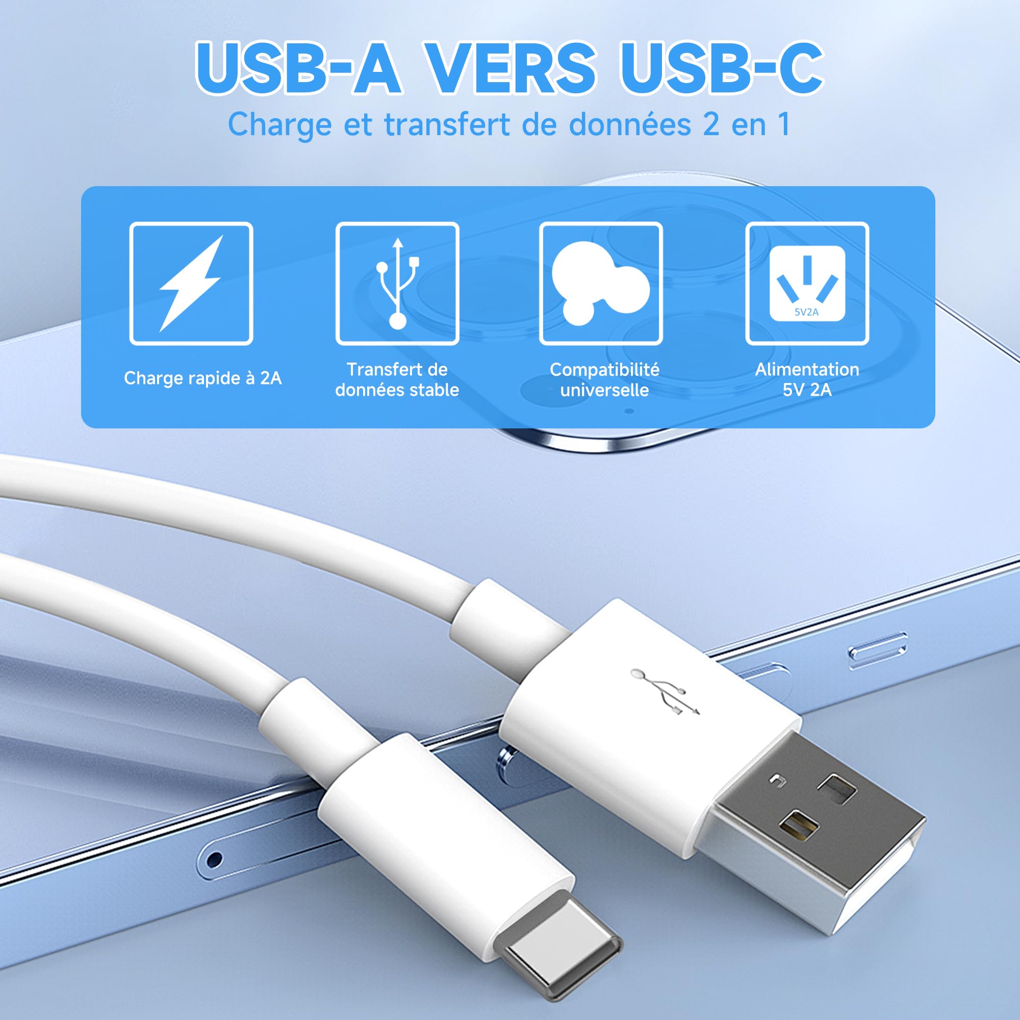 Câble d'extension d'alimentation USB-C 5M, rallonge USB A vers USB C pour caméras de sécurité