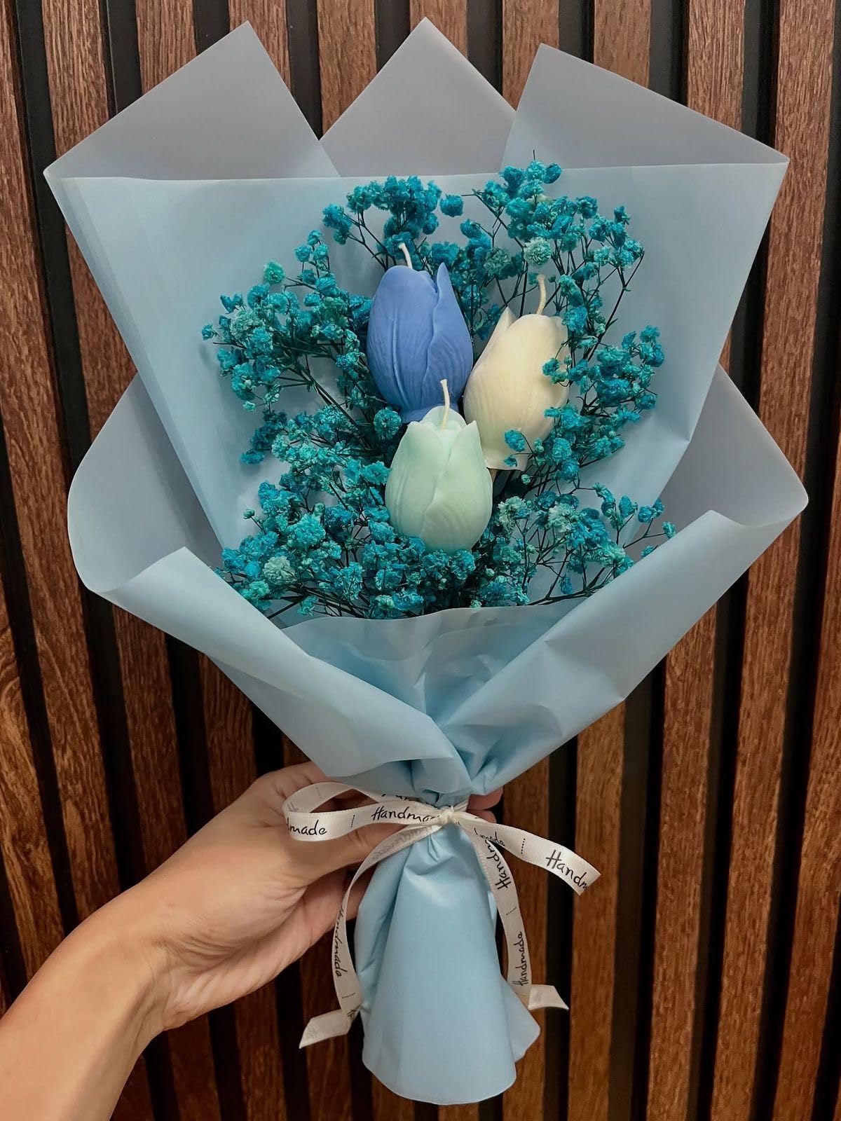 Handcrafted Tulip Candle Bouquet, Pastel Blue and White, with Dried Baby's Breath, Wrapped in Matte Paper, Gift Set-image-13