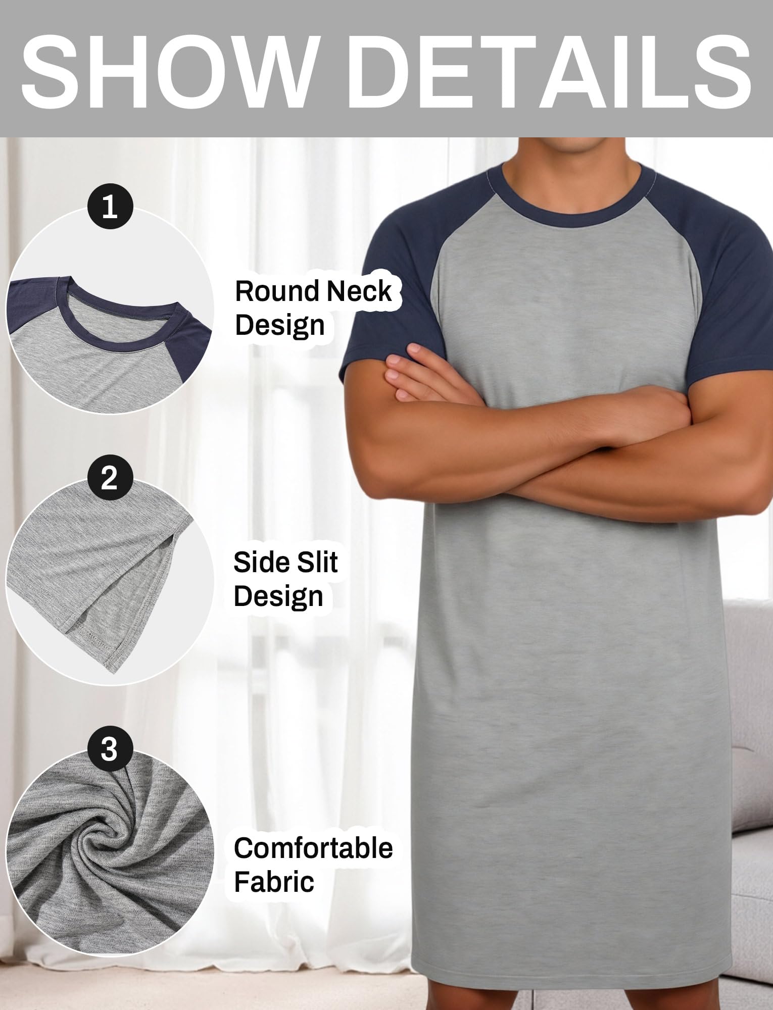 FEOYA Herren Nachthemd Langarm Schlafshirt Kurzarm Männer Einteiliger Schlafanzug Pyjamaoberteil Nachtwäsche Sleepshirt Pyjama Top
