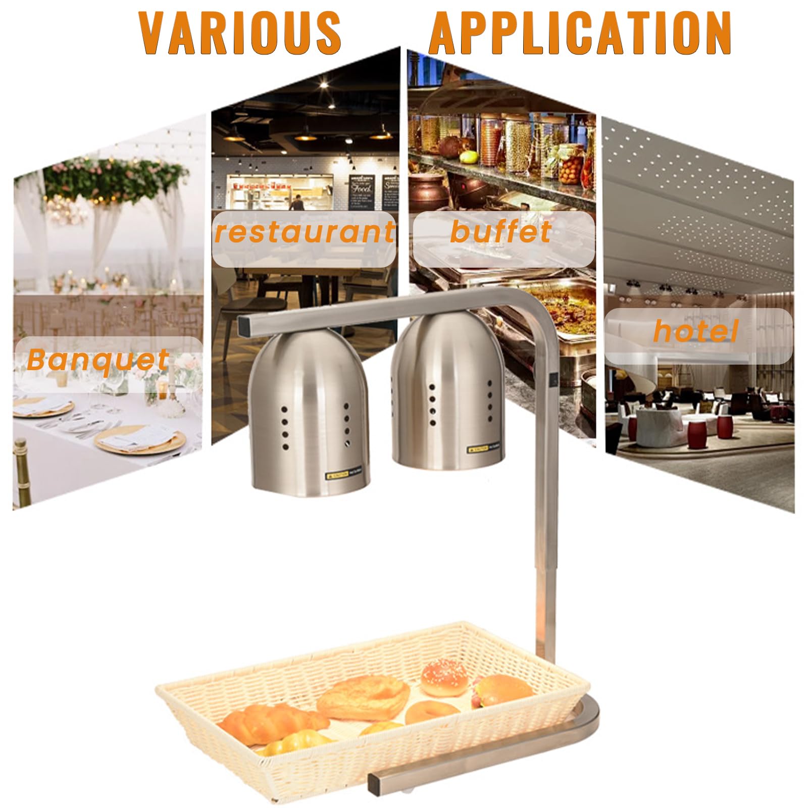 Lámpara de calor portátil comercial Calentador de alimentos de 2 bombillas Independiente, lámpara de calefacción de buffet de metal de 550 W y luz de calentamiento para restaurante buffet,Plata
